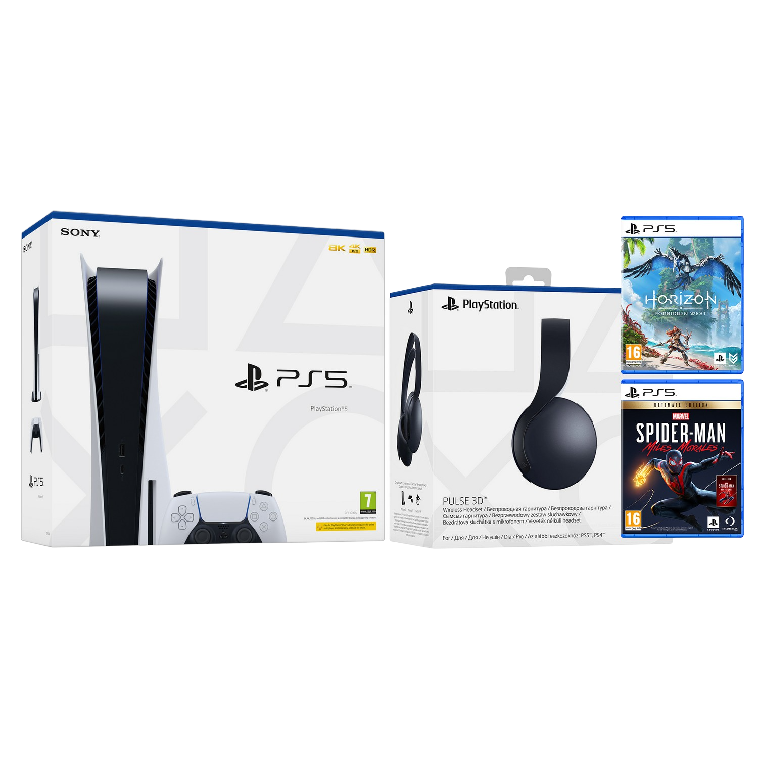 Consola - Sony PS5, 825GB, 4K, HDR, Blanco + Sony Pulse 3D + Horizon Forbidden West + Marvel's Spider-Man: Miles Morales Ultimate Edition