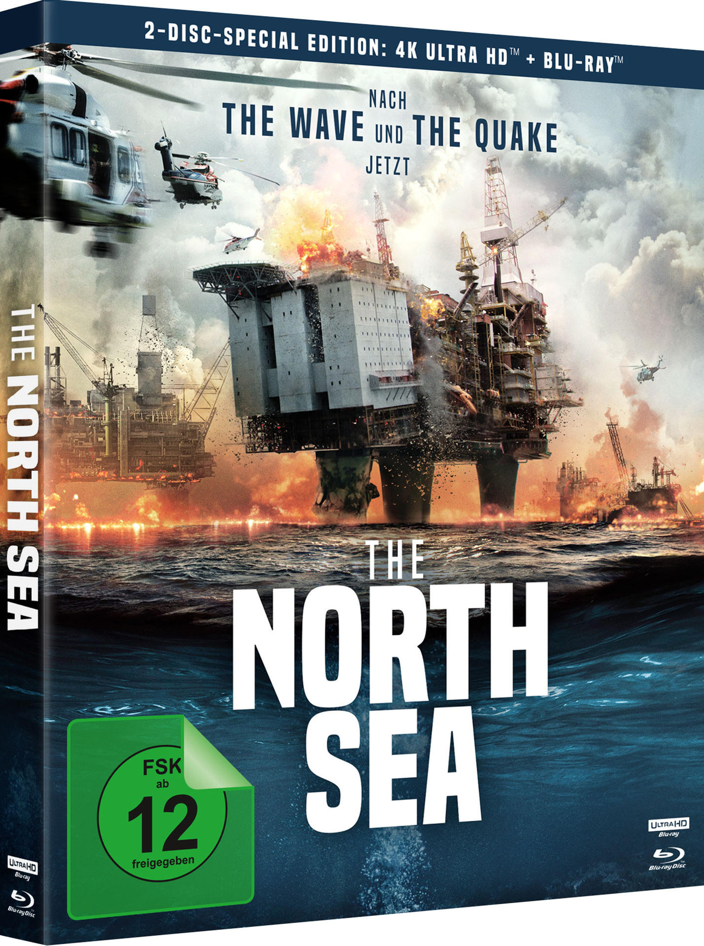 The North Sea Blu-ray- und Ultra HD-Hülle. Bild einer brennenden Ölplattform im Meer.