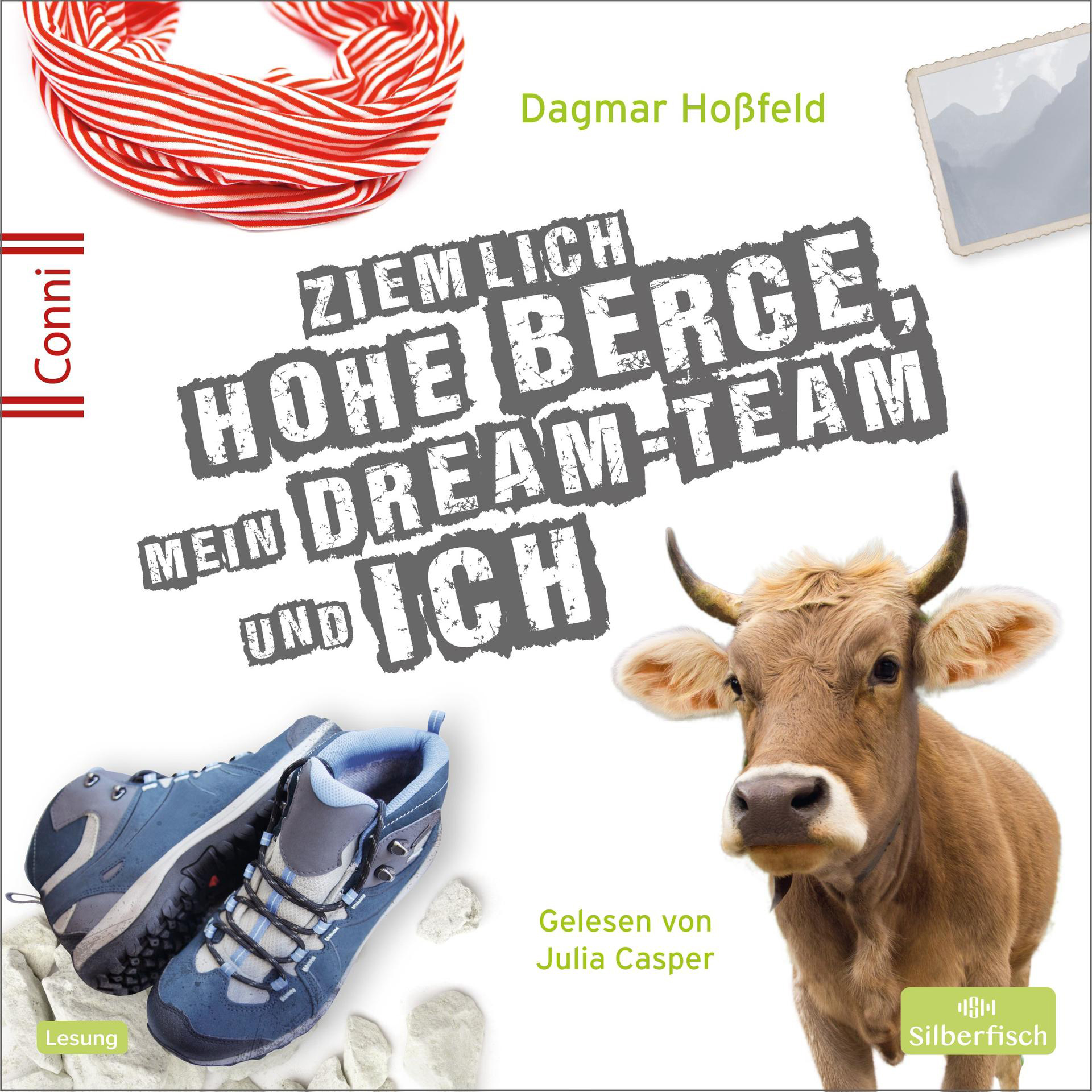 Buchcover mit Text und Illustrationen einer Kuh, Schuhen und einem Schal. Deutscher Text.