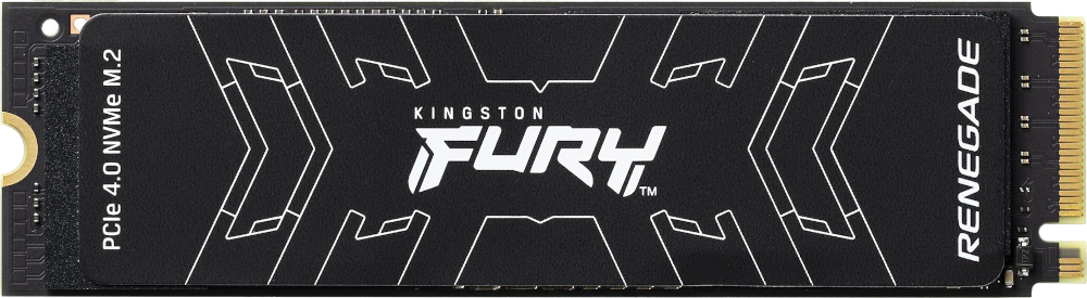 Een zwarte Kingston FURY Renegade NVMe M.2 SSD met witte tekst en design.