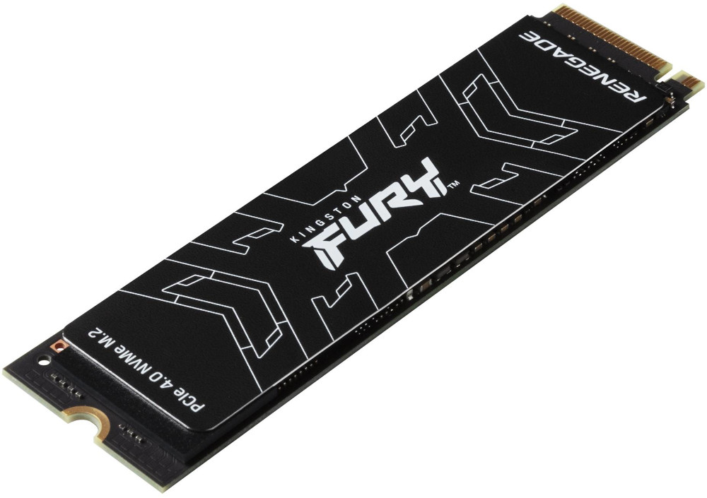 Een zwarte Kingston Fury NVMe M.2 SSD op een witte achtergrond met zwarte tekst en logo.