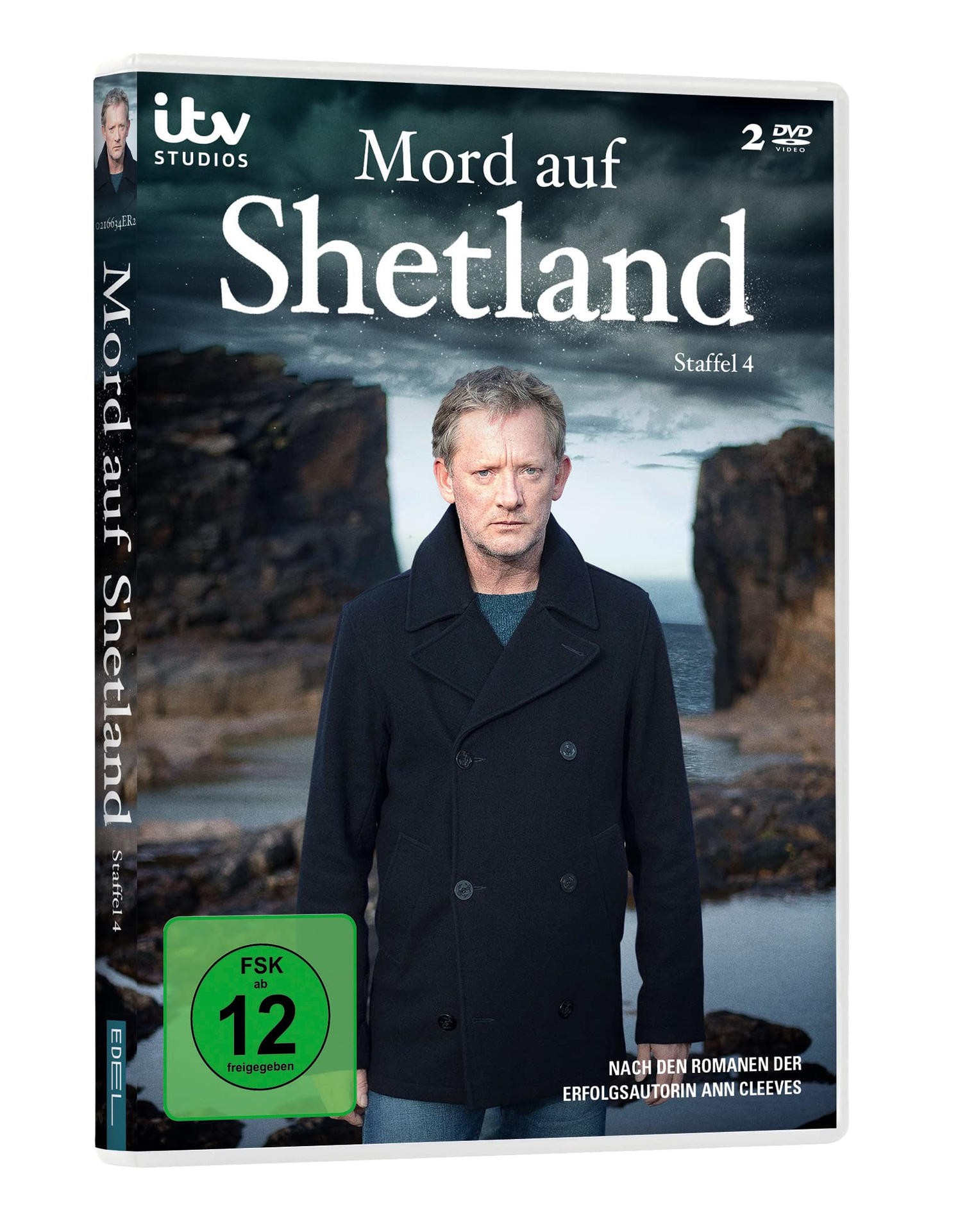 DVD-Hülle mit einem Mann in einem schwarzen Mantel, der Titel lautet "Mord auf Shetland".