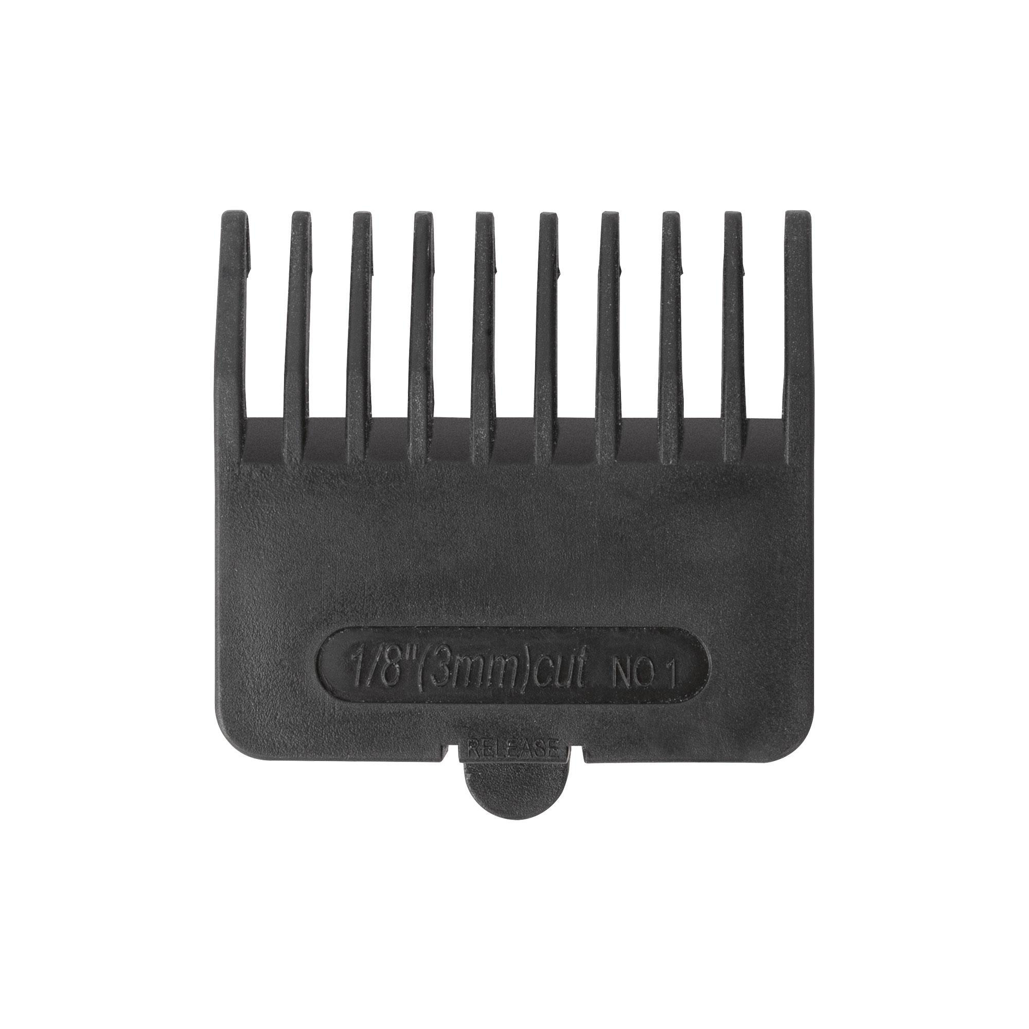 Schwarzer Haarschneider-Aufsatzkamm mit Größenangabe.