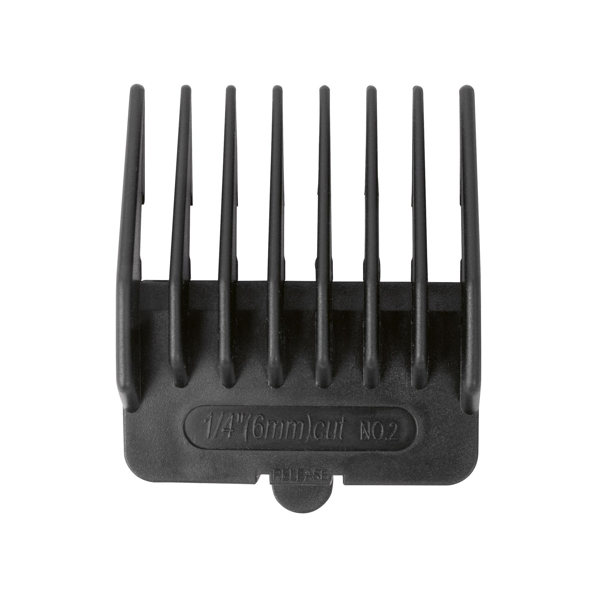 Ein schwarzer Haarschneidekammaufsatz mit Etikett, das eine Schnittlänge von 6 mm angibt.