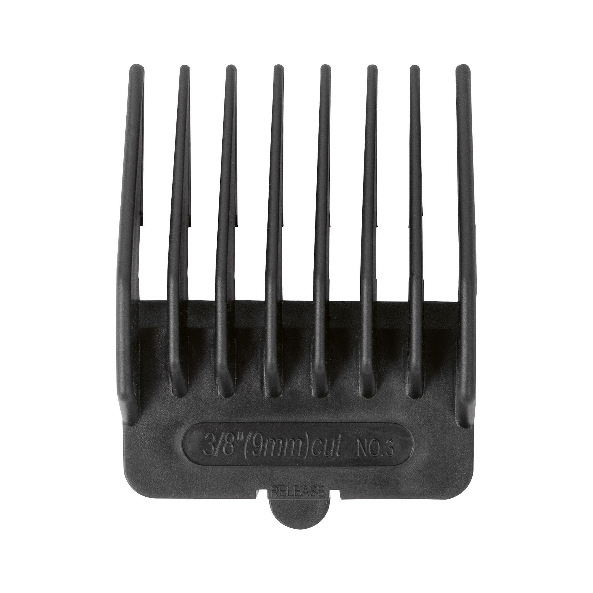 Schwarzer Haarschneideaufsatz, beschriftet mit 3/8"(9mm) Schnitt, Nr. 3 und Entriegelungstaste.