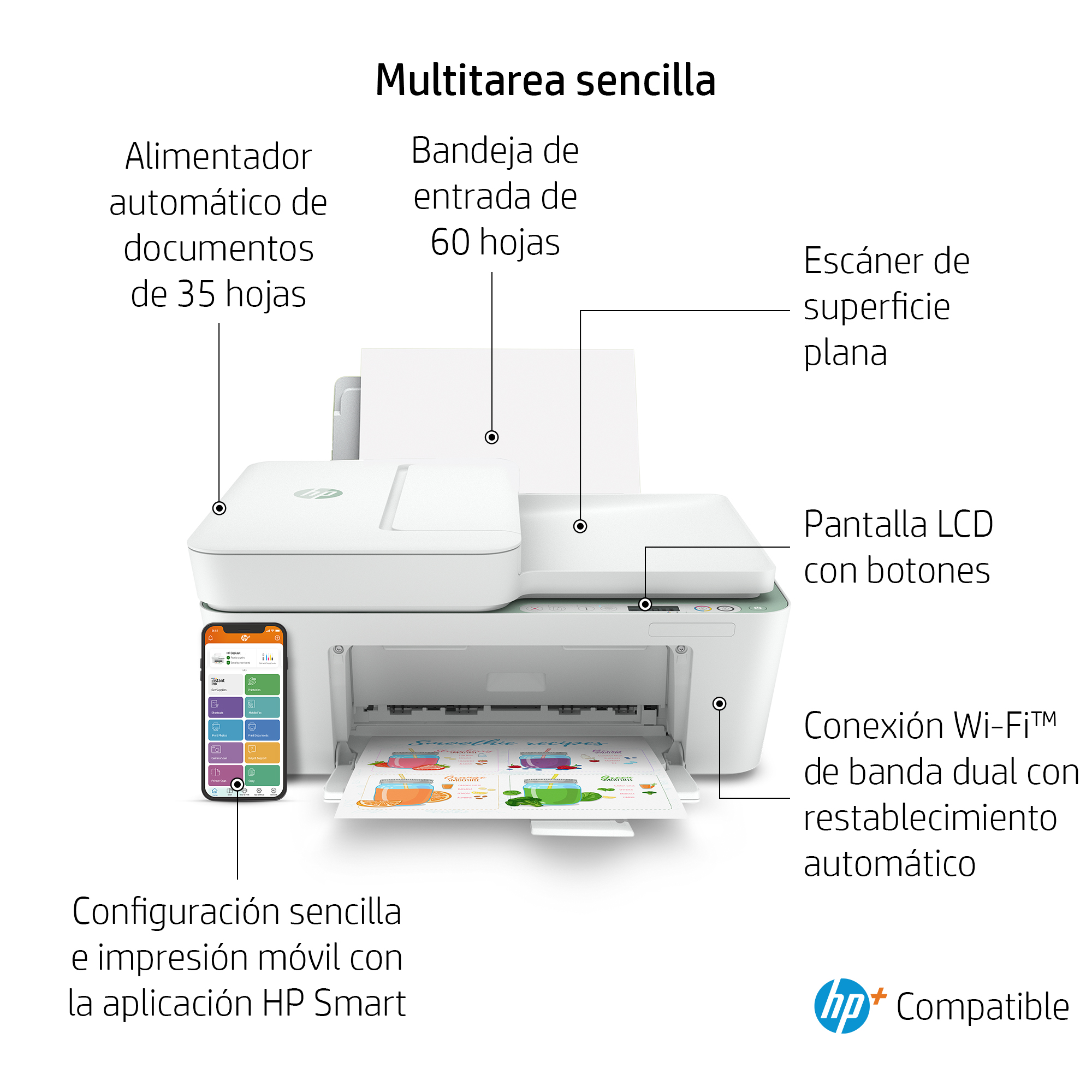 Impresora blanca con etiquetas y detalles. Un smartphone cerca, mostrando una app.