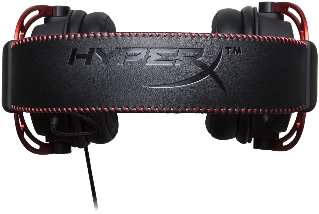 Fekete gamer headset piros varrással és a HyperX logóval. A fejpánt fekete, piros varrással.