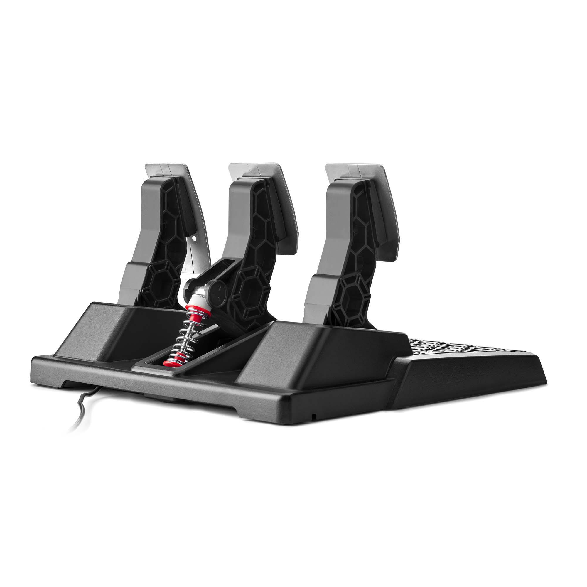 Schwarze Gaming-Pedale mit drei Fußbedienelementen und einer roten Feder. Schwarze Basis mit Kabel.