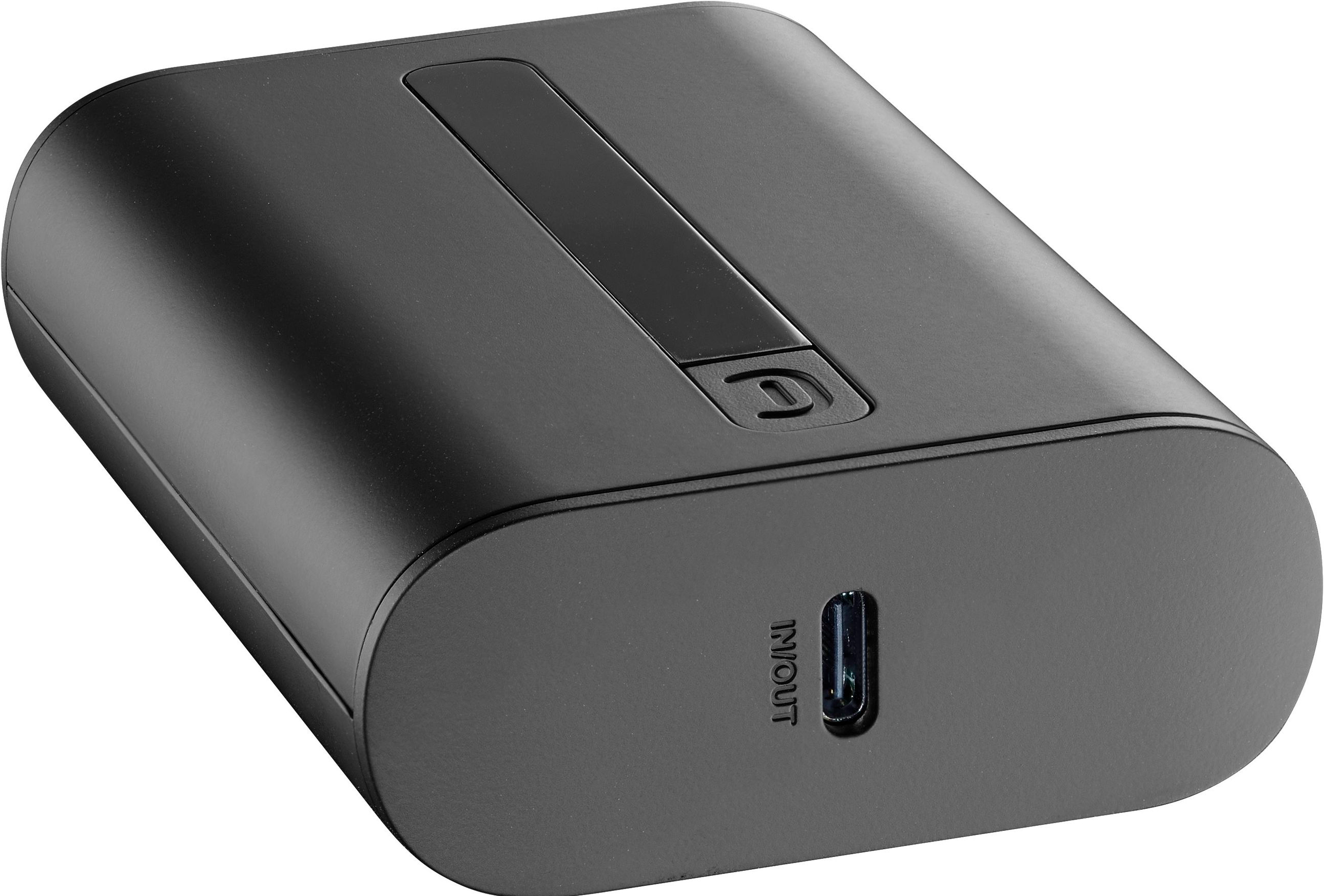 Ein schwarzes, rechteckiges Gerät mit USB-C-Anschluss und einer Taste.