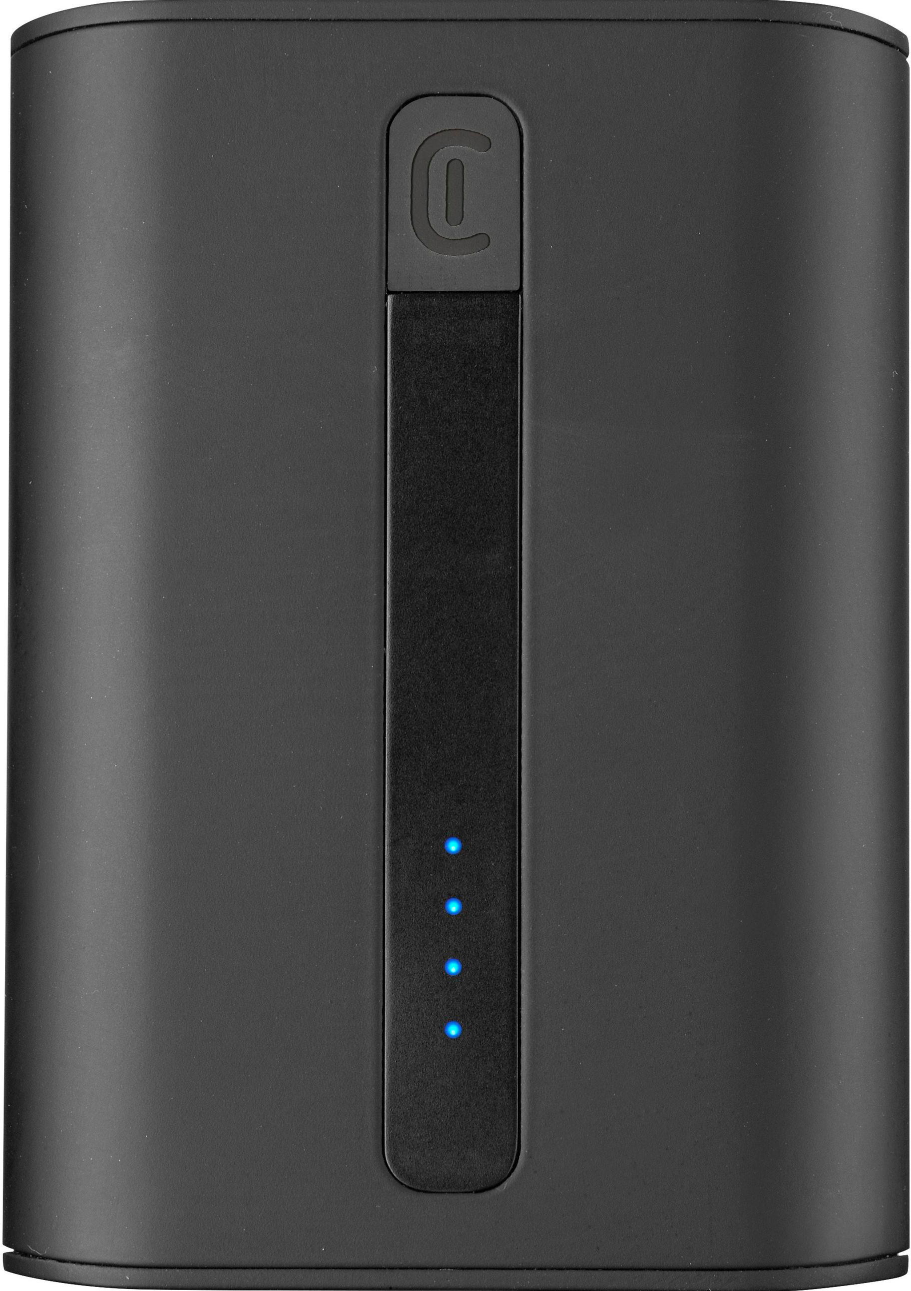 Eine schwarze, zylinderförmige Powerbank. Sie hat eine vertiefte Linie mit blauen Lichtern, die den Akkustand anzeigen.
