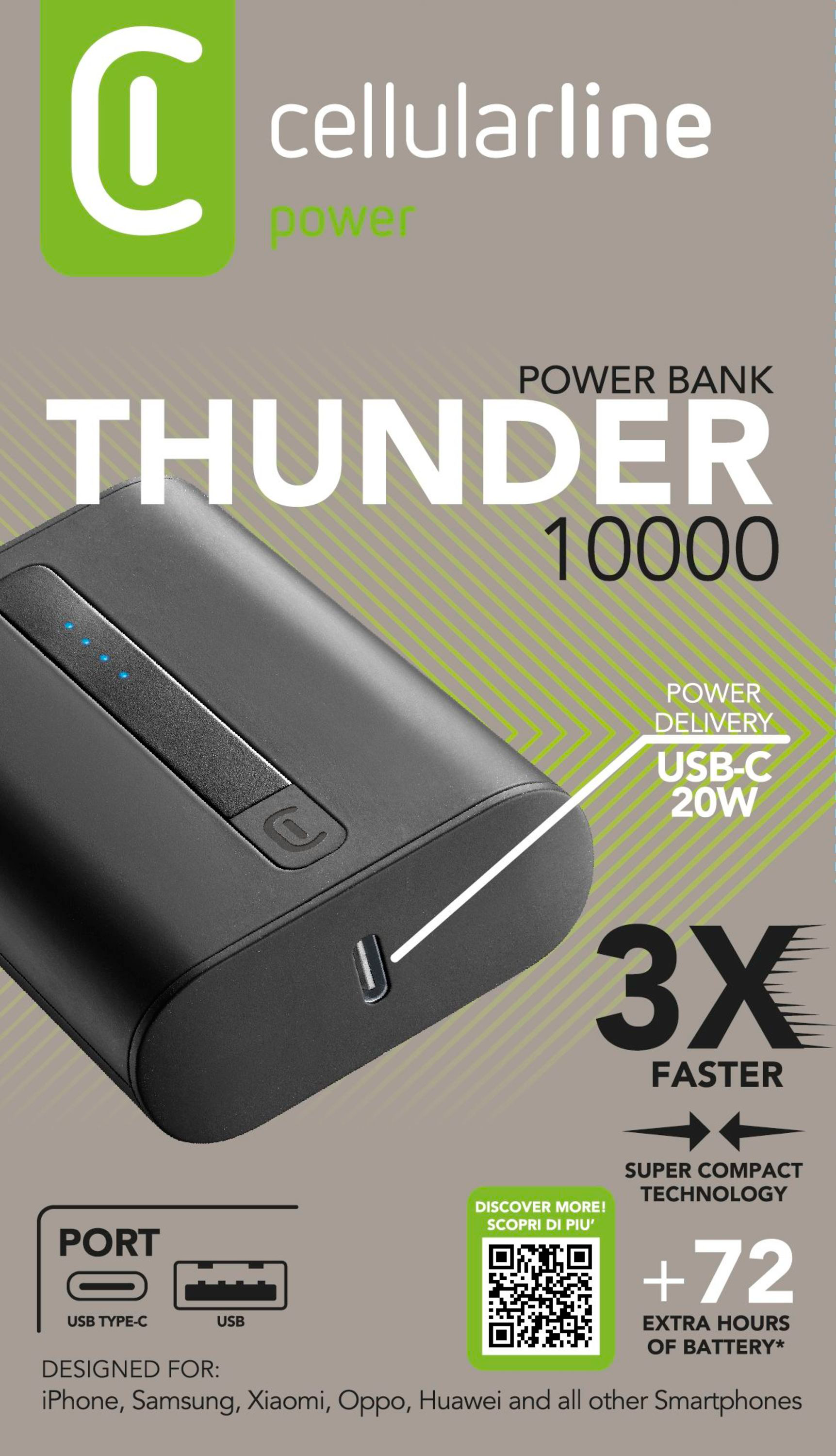 Schwarze Powerbank mit weißem Text und USB-C-Anschluss. Hat einen Knopf und QR-Code.