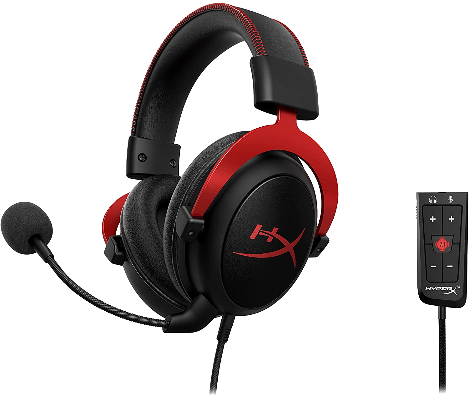 Fekete-piros gamer headset mikrofonnal és vezérlőegységgel.
