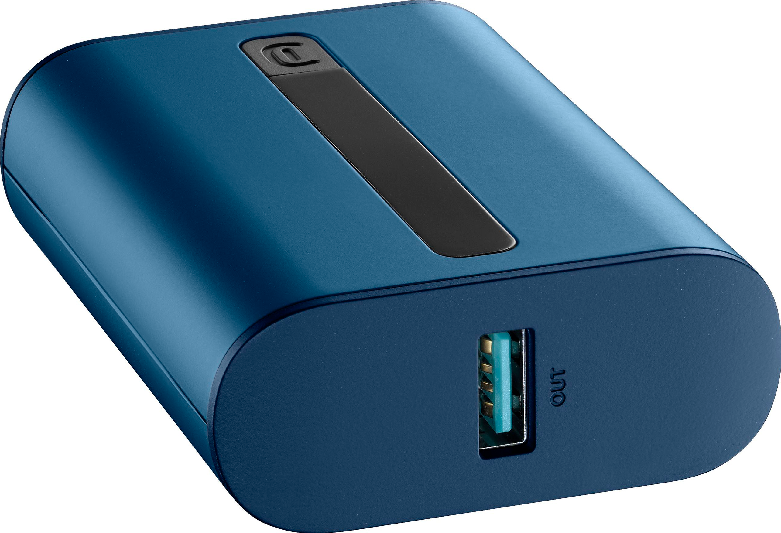 Une batterie externe bleue avec une bande noire et un port USB étiqueté "OUT". La surface est lisse.