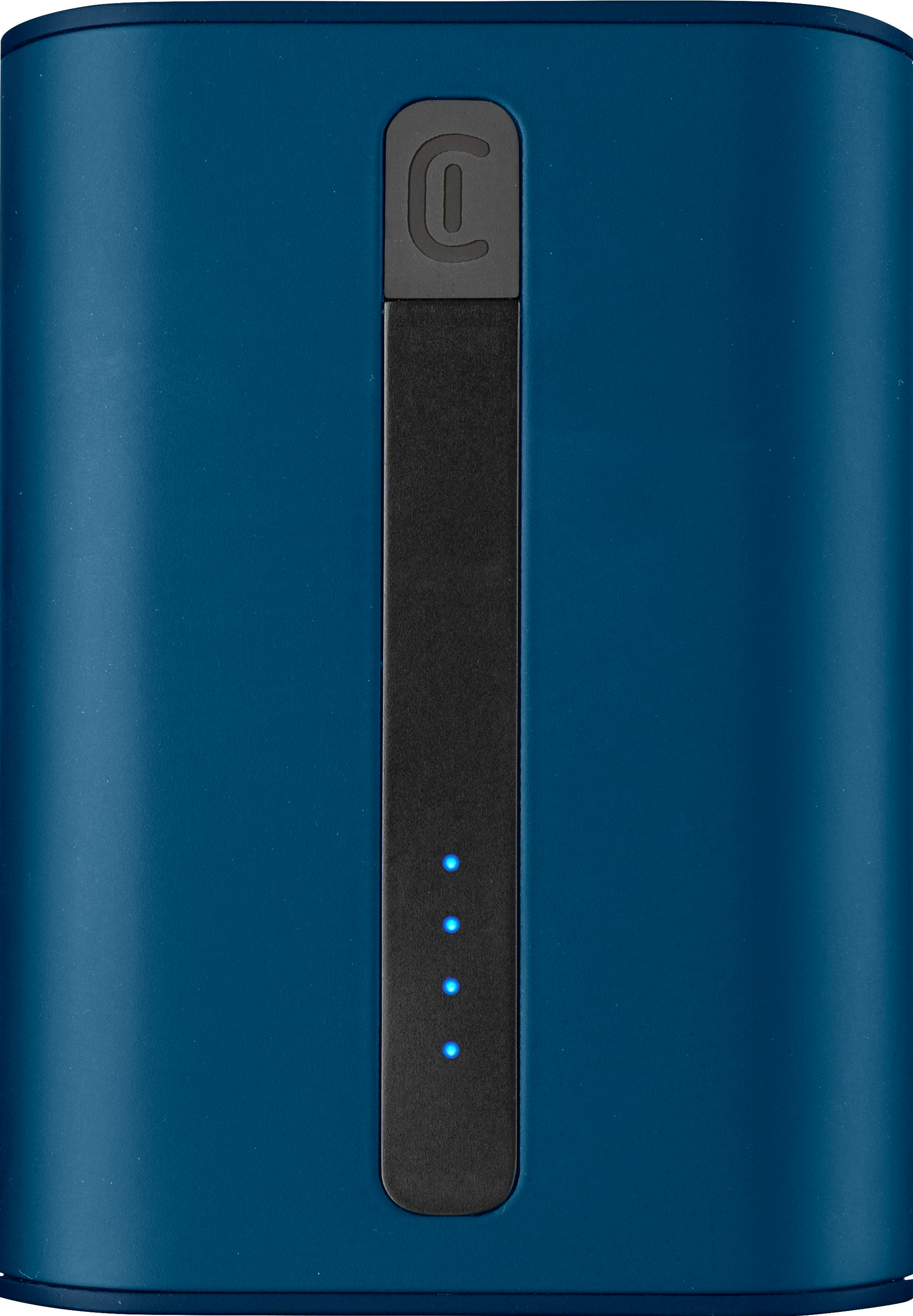 Une batterie externe bleue avec une bande noire et trois voyants bleus, et un logo sur le dessus.