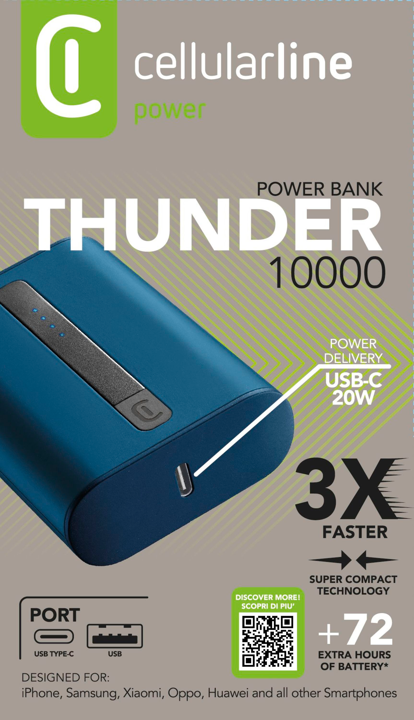 Batterie externe avec texte, couleur bleue, ports USB et code QR.