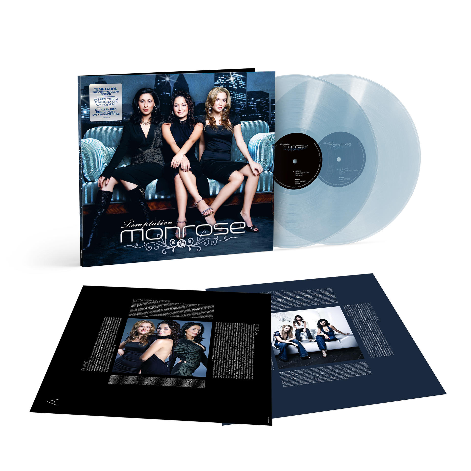 Ein Vinyl-Albumcover mit drei Frauen und zwei transparenten Schallplatten.