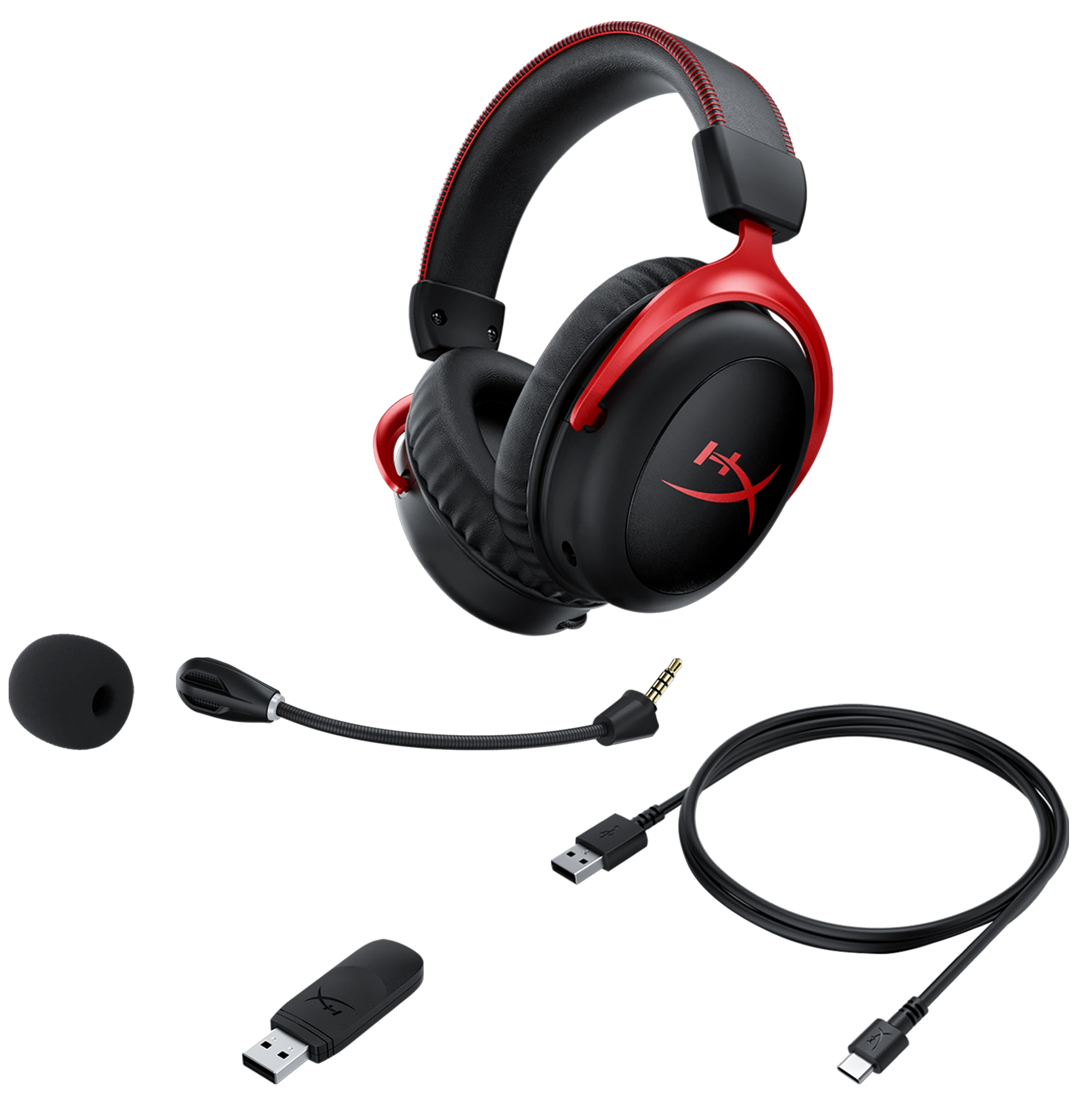 Fekete-piros headset levehető mikrofonnal, USB és audio kábelekkel.