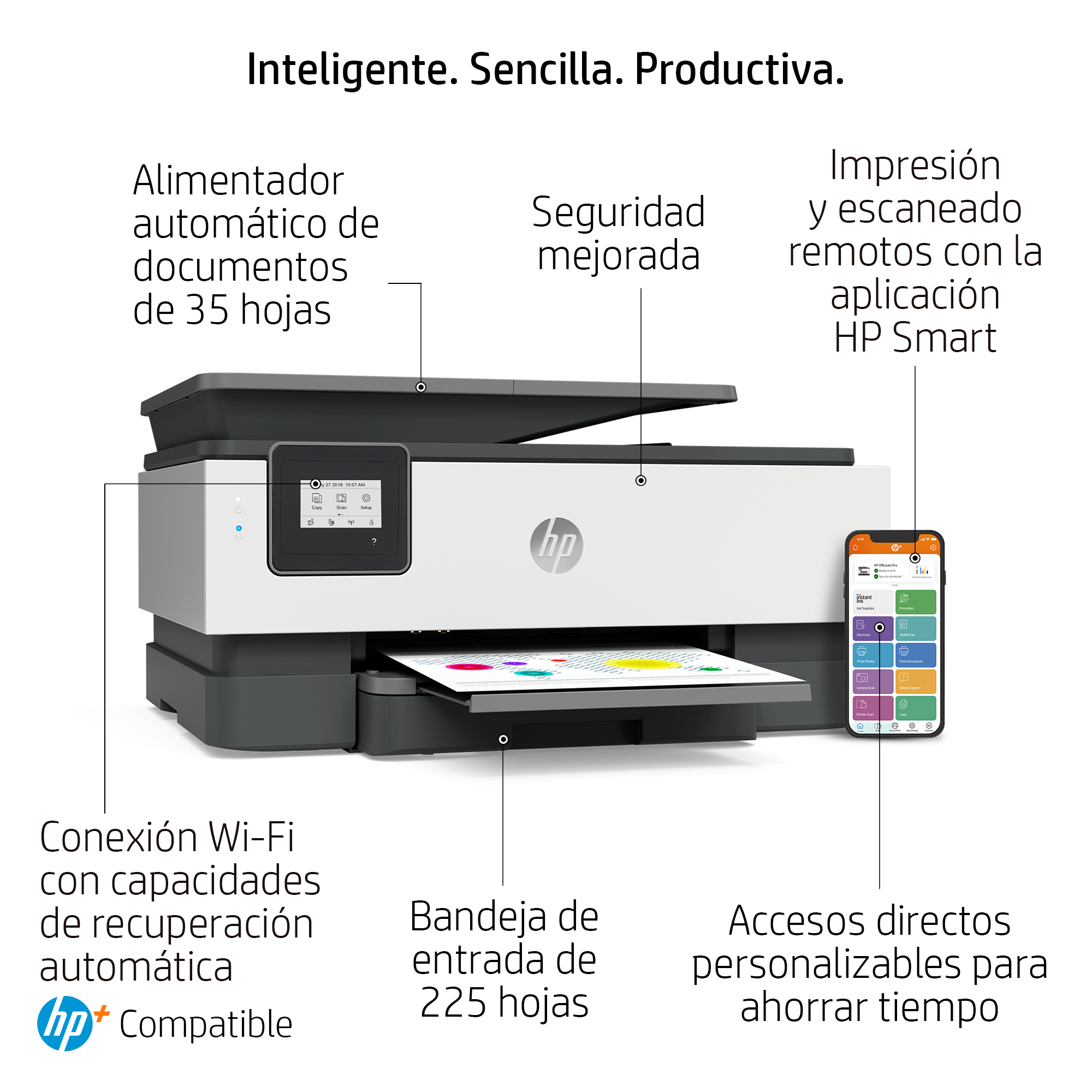 Impresora HP con teléfono mostrando su app, fondo blanco.