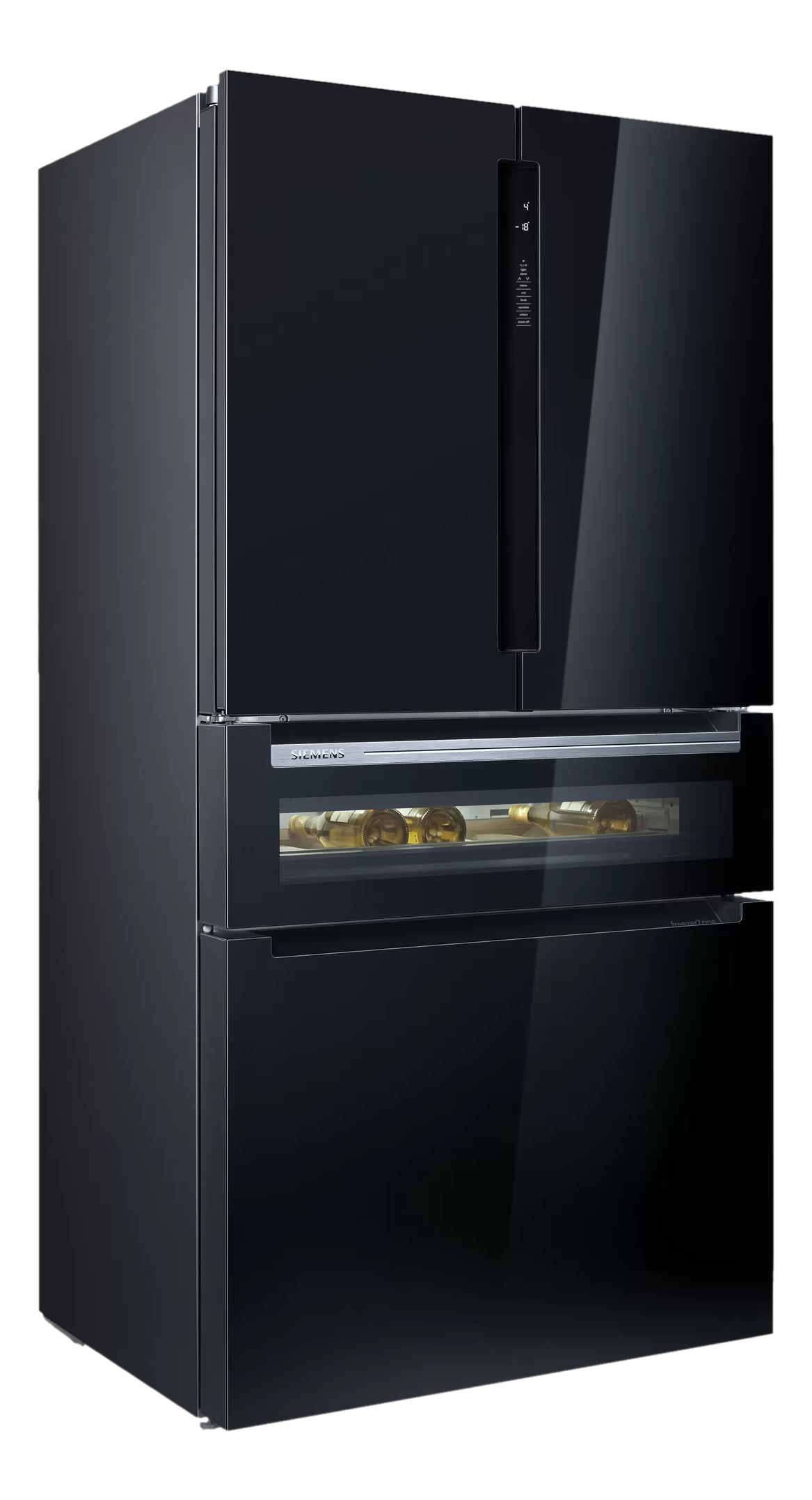 Schwarzer Kühlschrank mit drei Türen und Weinregal.