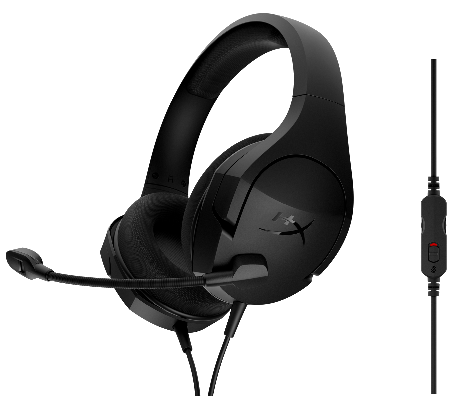 Fekete gamer headset. Mikrofon és vezérlőegység látható. Fekete háttér. Fehér logó.