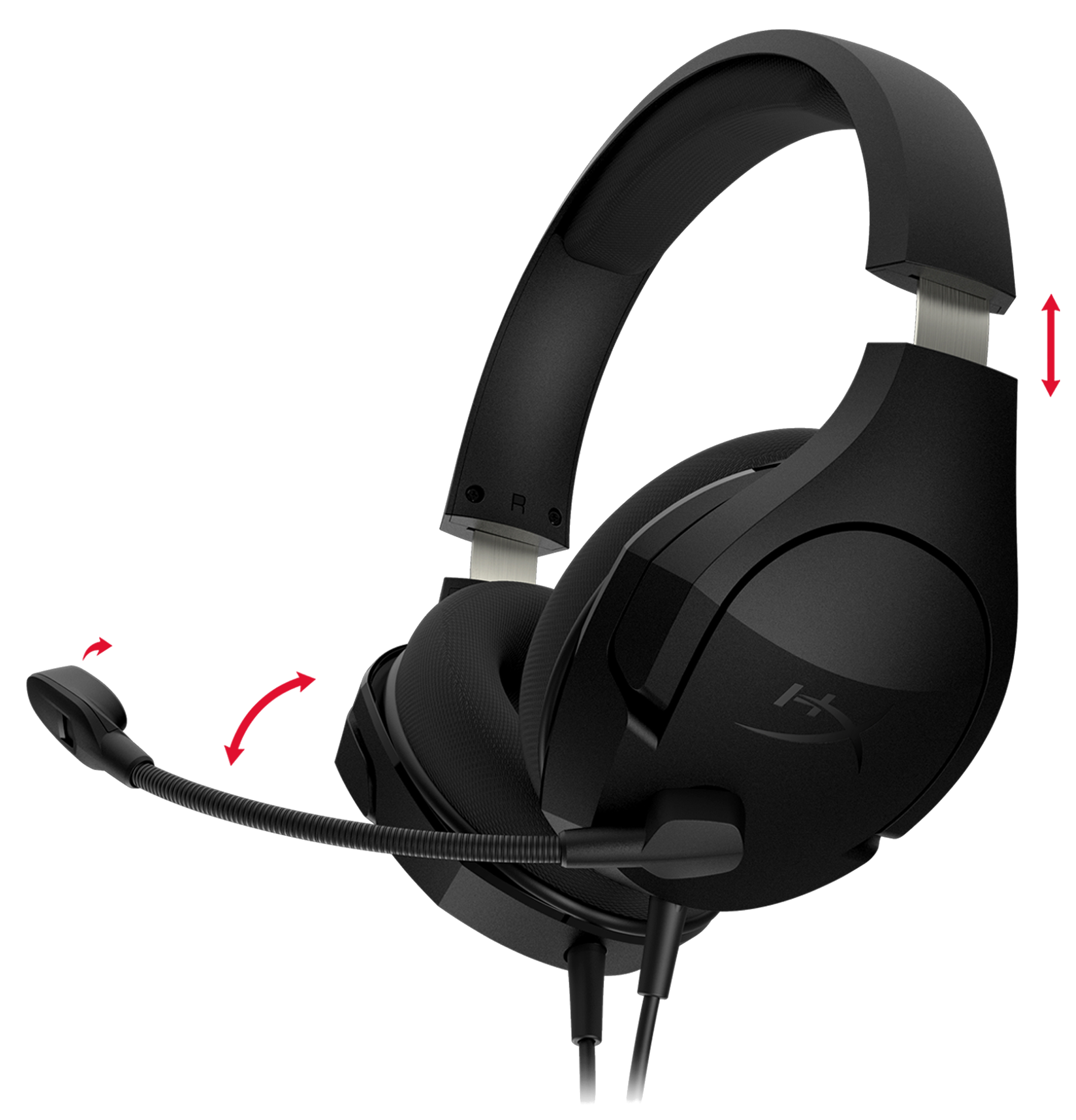 Fekete gamer fejhallgató flexibilis mikrofonnal. Nyilak mutatják az állítható funkciókat.