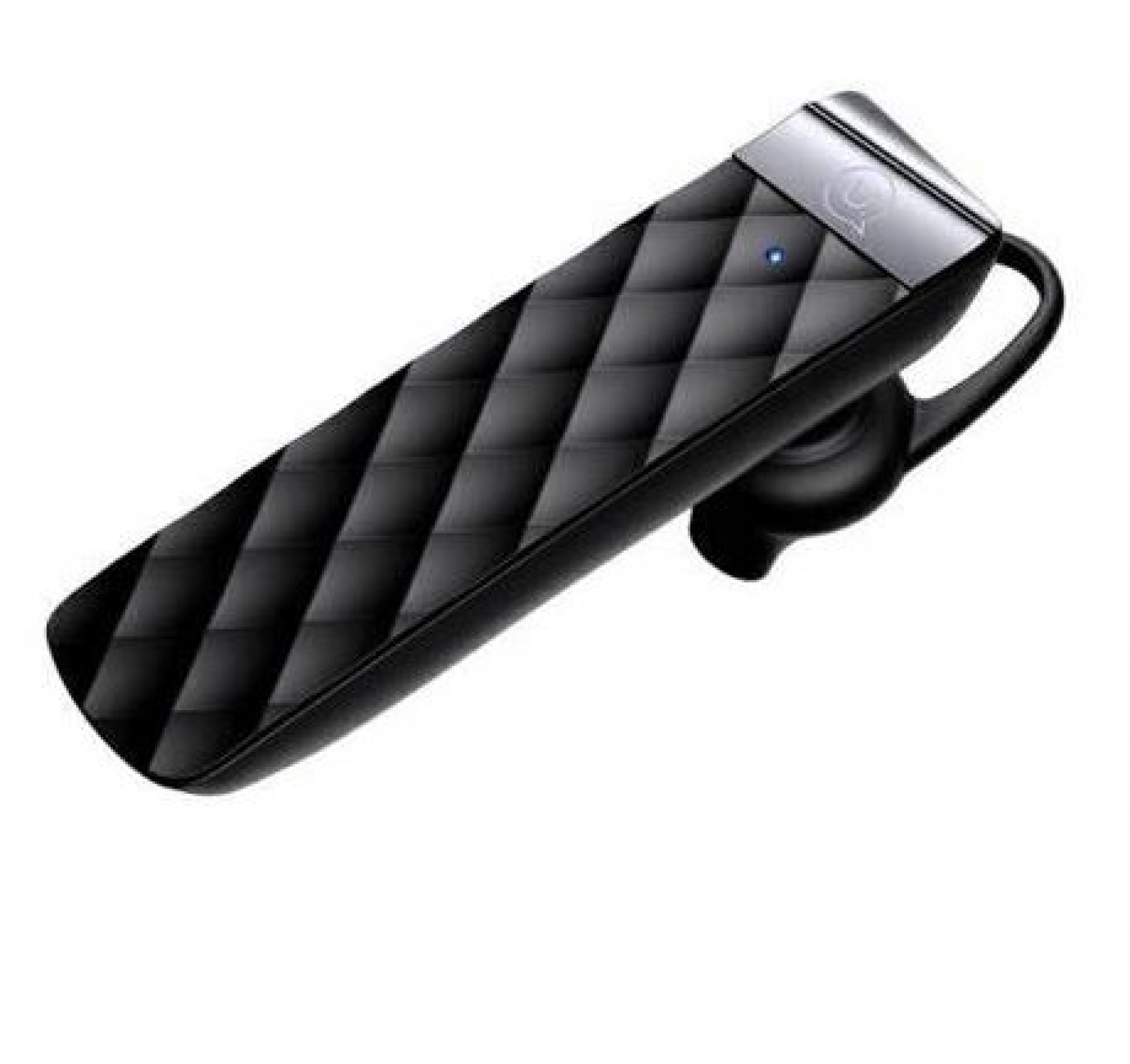Egy fekete-ezüst Bluetooth headset, gyémánt mintával, fehér alapon.