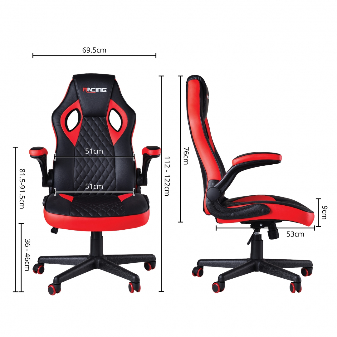 Gaming szék piros és fekete részletekkel, méretek fehér háttéren.