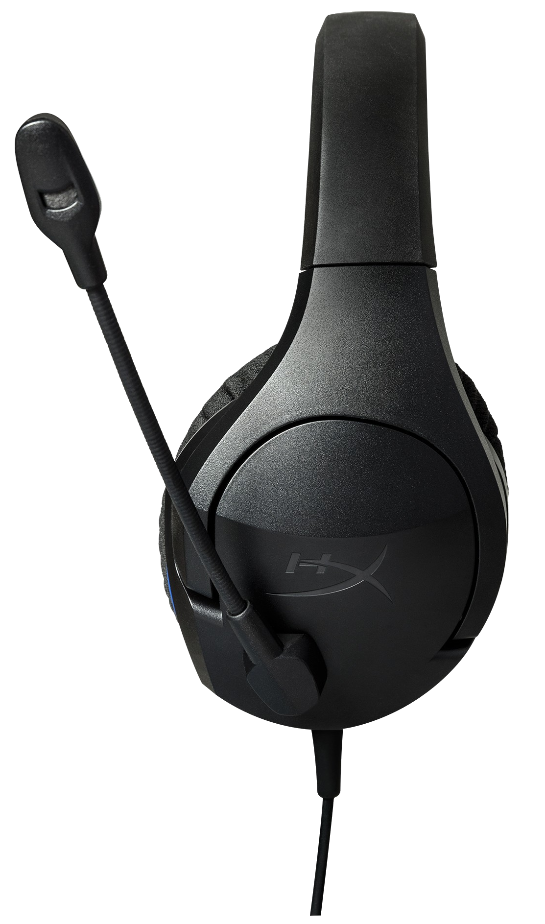 Egy fekete HyperX gaming headset mikrofonnal, ami balra nyúlik.