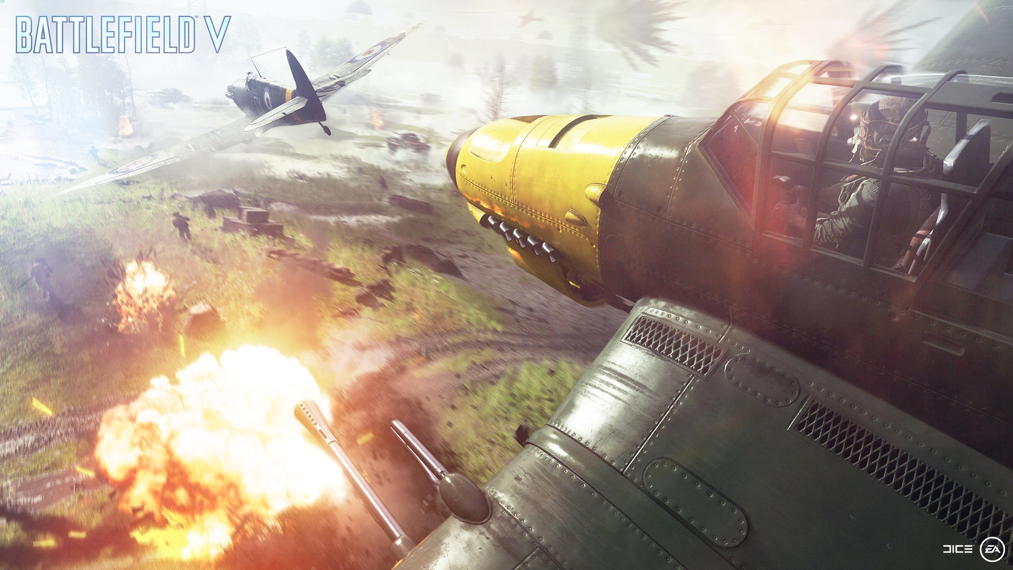 Scène de jeu Battlefield V : avions en combat, explosions et un paysage vert en dessous.