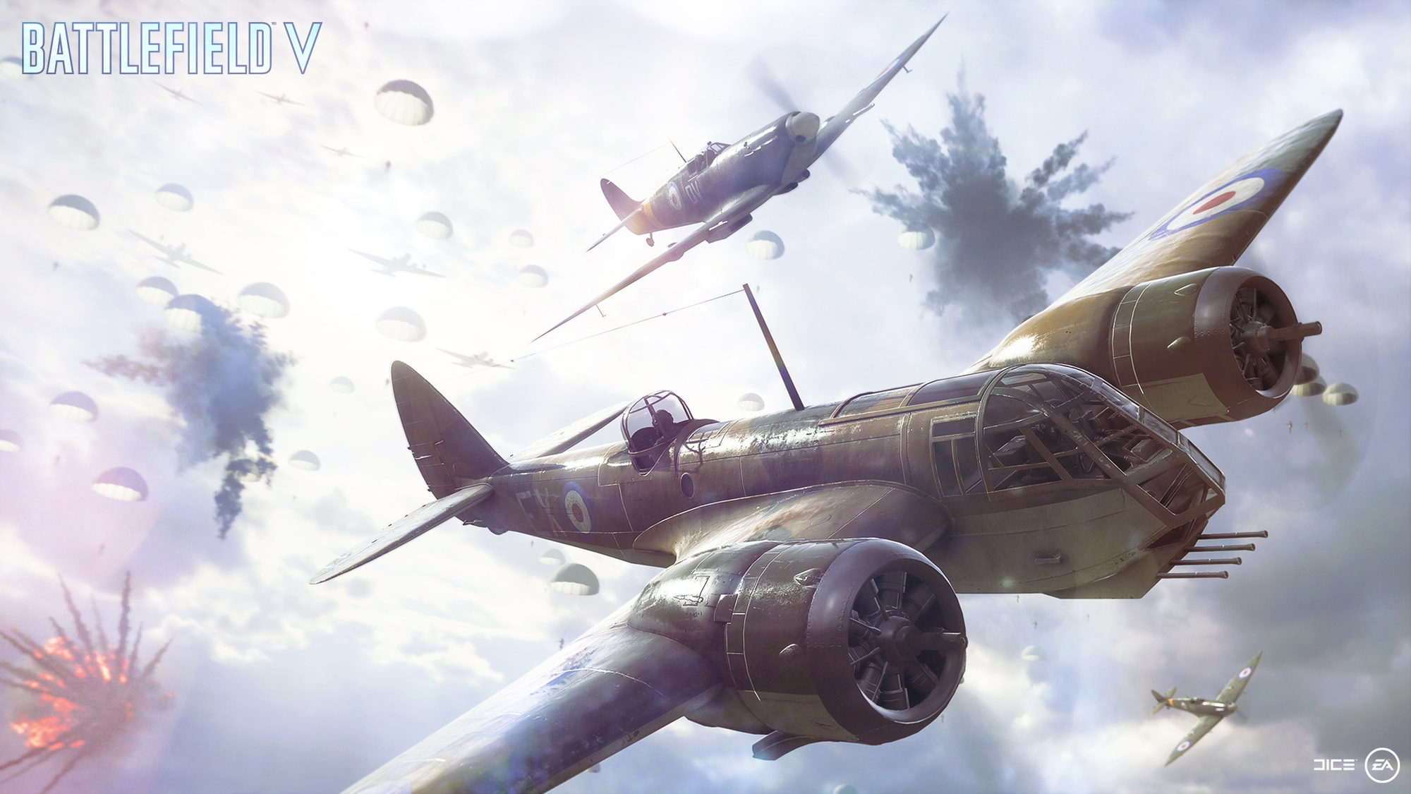Image de Battlefield V : Deux avions de combat dans un ciel nuageux, avec explosions.