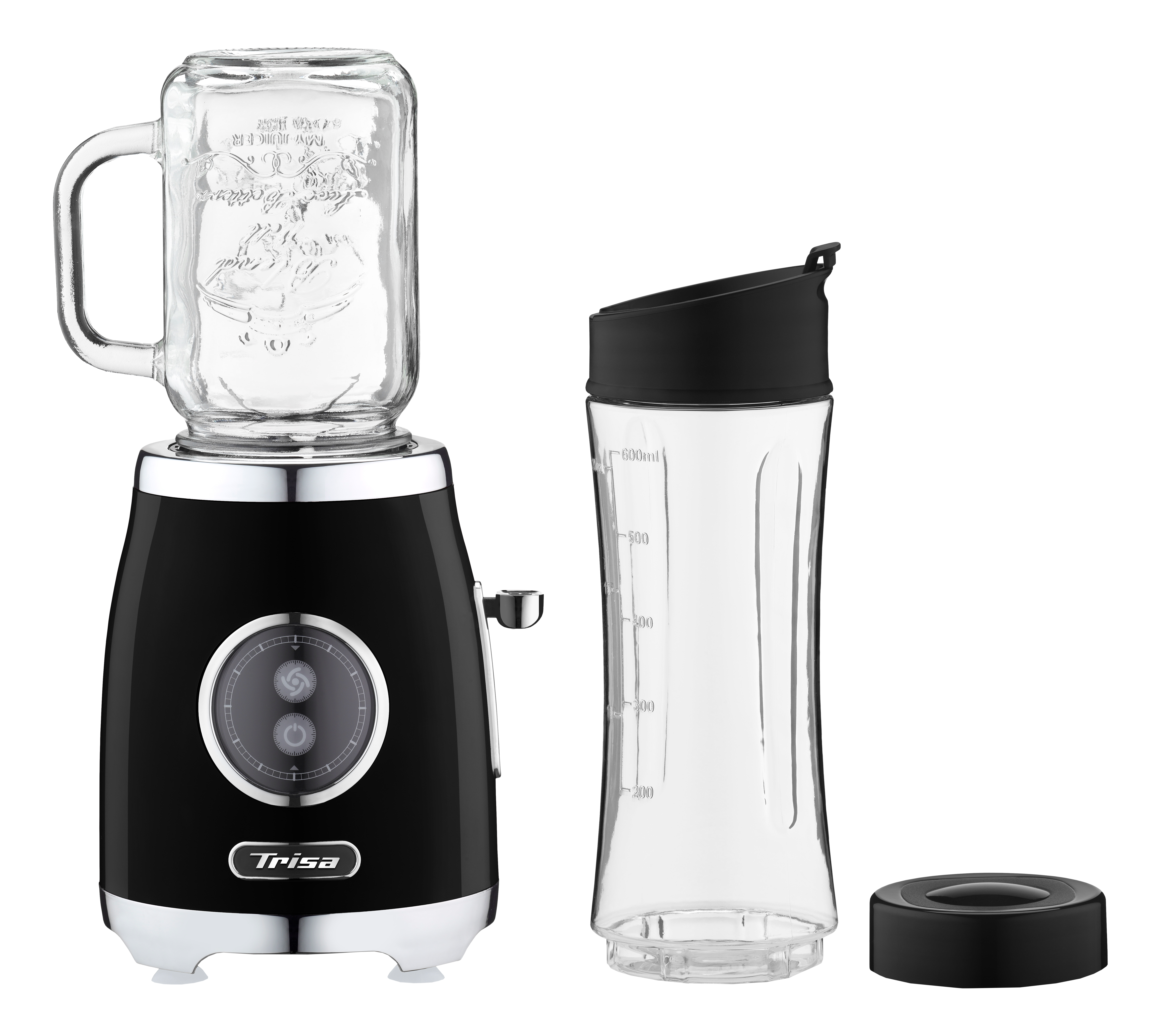 Schwarzer und silberner Mixer mit zwei Gläsern, eines mit Griff.