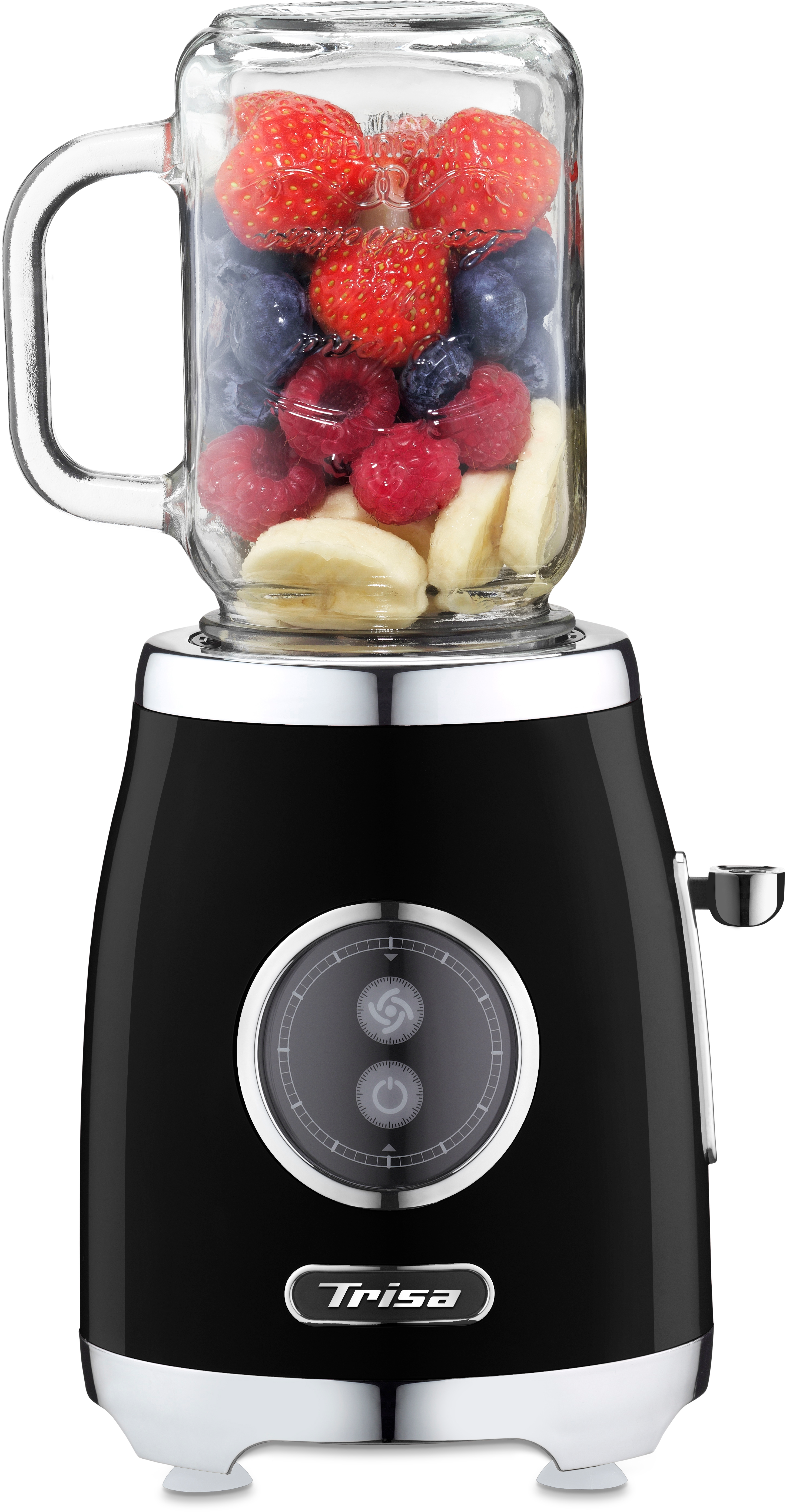 Schwarzer und silberner Mixer mit einem Glasbehälter, gefüllt mit Früchten: Erdbeeren, Blaubeeren, Himbeeren und Banane.