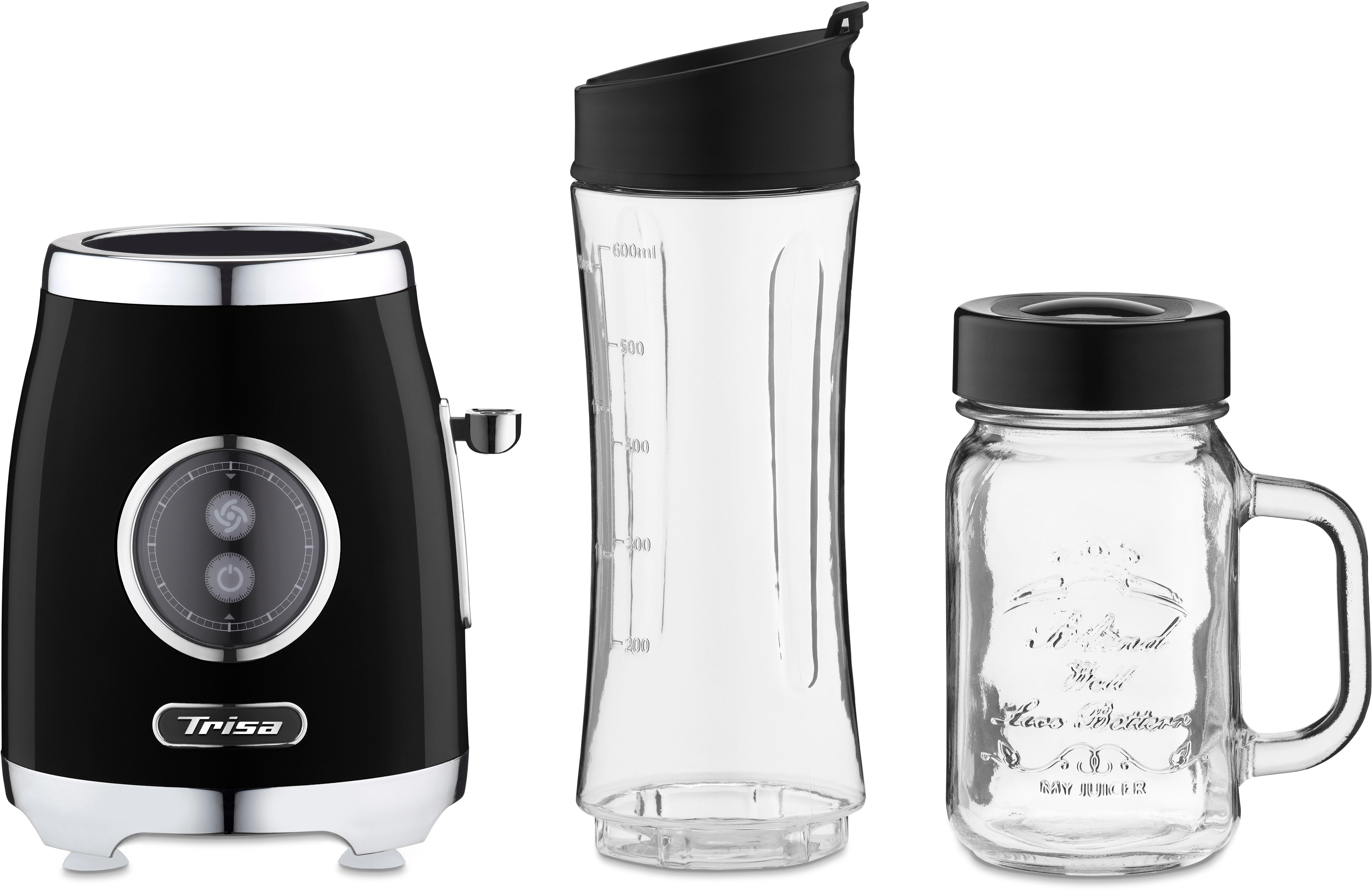 Ein Mixer, ein Shaker und ein Einmachglas, alles schwarz und klar.