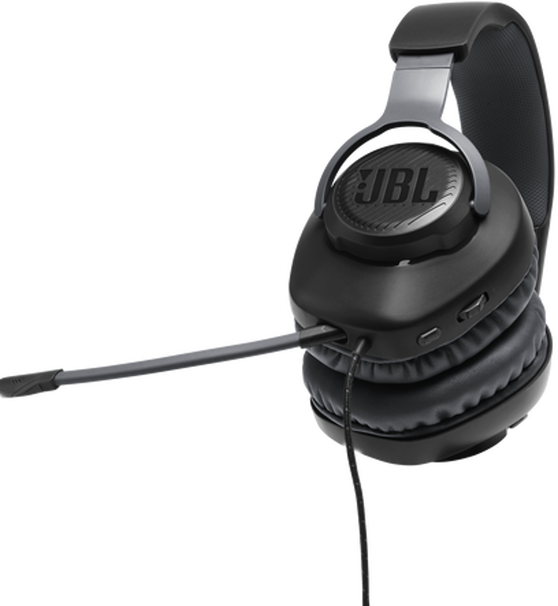 Schwarzes JBL-Gaming-Headset mit Mikrofon, das sich von der linken Ohrmuschel aus erstreckt.
