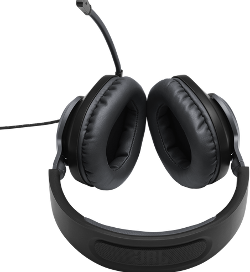 Schwarze Gaming-Kopfhörer mit Mikrofon. Die Kopfhörer haben dicke Ohrmuscheln und ein Band oben.