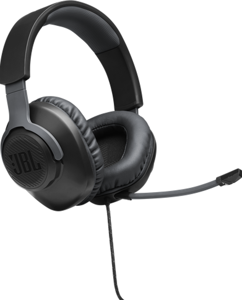 Ein schwarzes JBL Gaming-Headset mit Mikrofon. Es ist eine Nahaufnahme auf schwarzem Hintergrund.