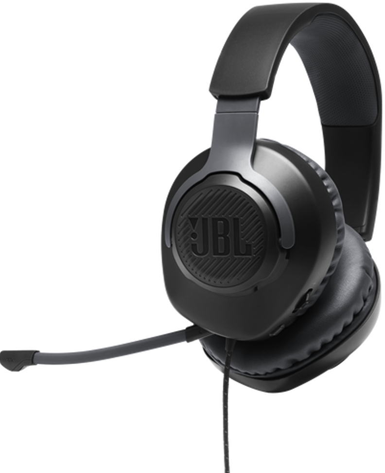 Schwarze JBL-Kopfhörer mit Mikrofon. Die Kopfhörer sind Over-Ear-Kopfhörer.