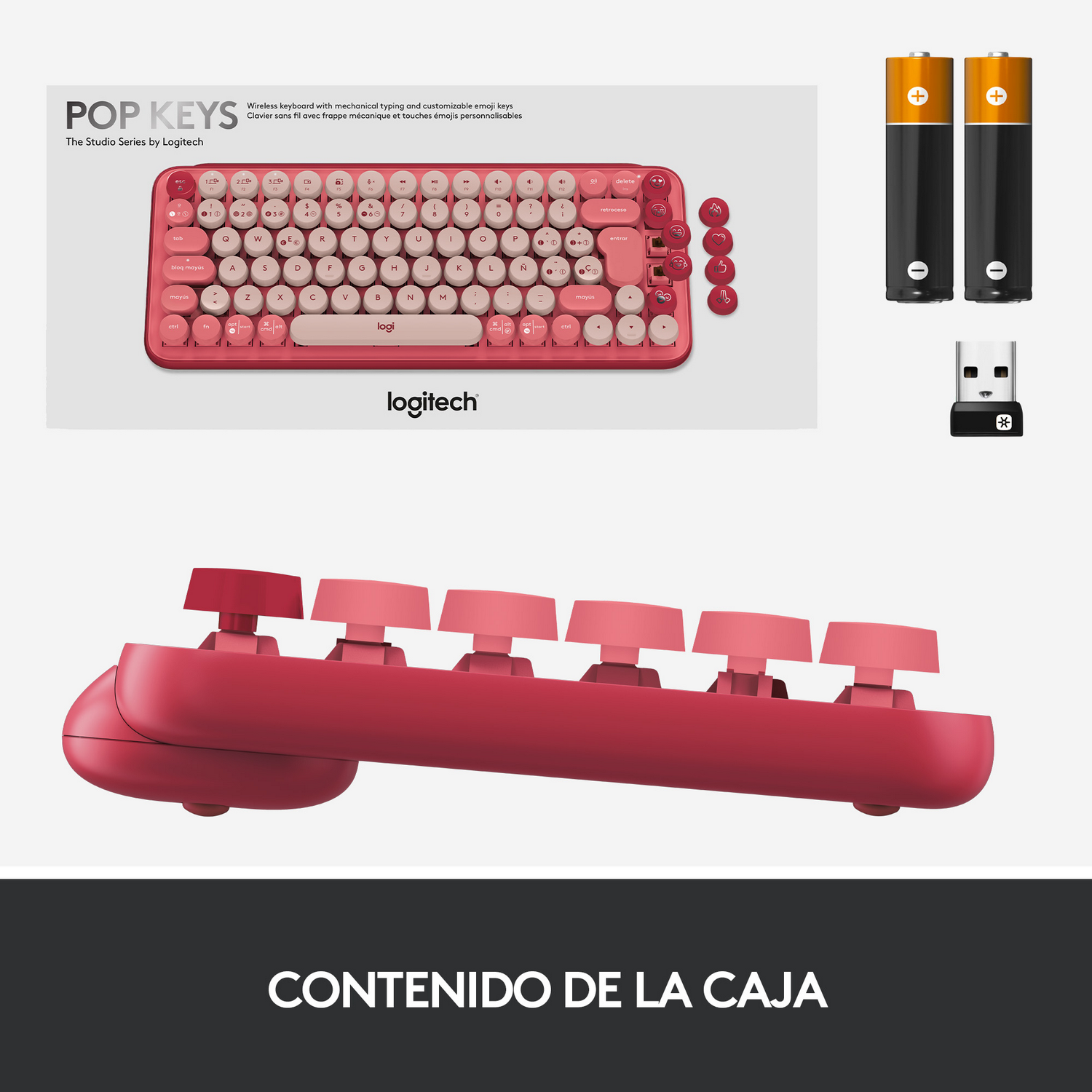 Teclado Logitech Pop Keys rojo con teclas rosas, dos pilas AA y un receptor USB.
