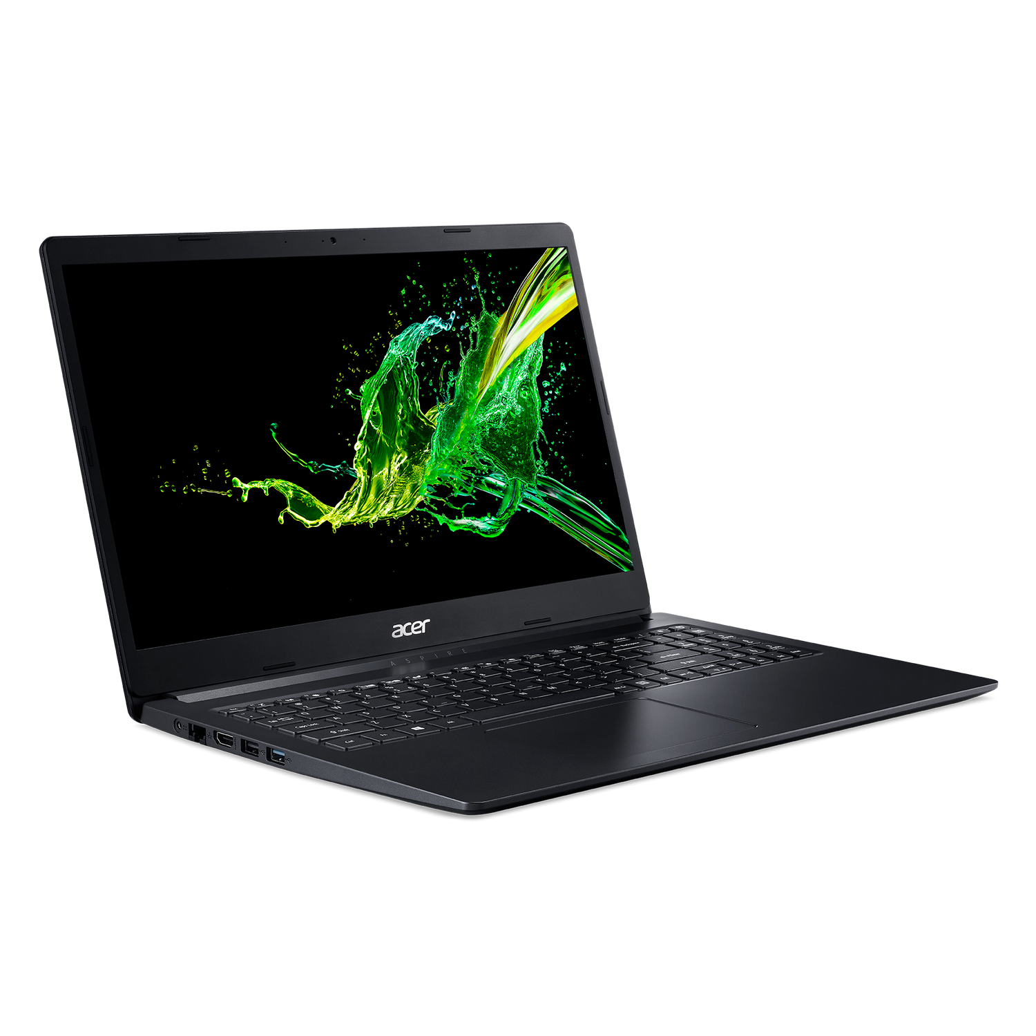 Laptop negro con salpicadura verde en pantalla, sobre fondo negro.
