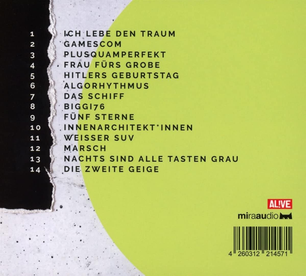 Album-Rückseite mit Titelliste auf Deutsch, Barcode und AL!VE-Logo.