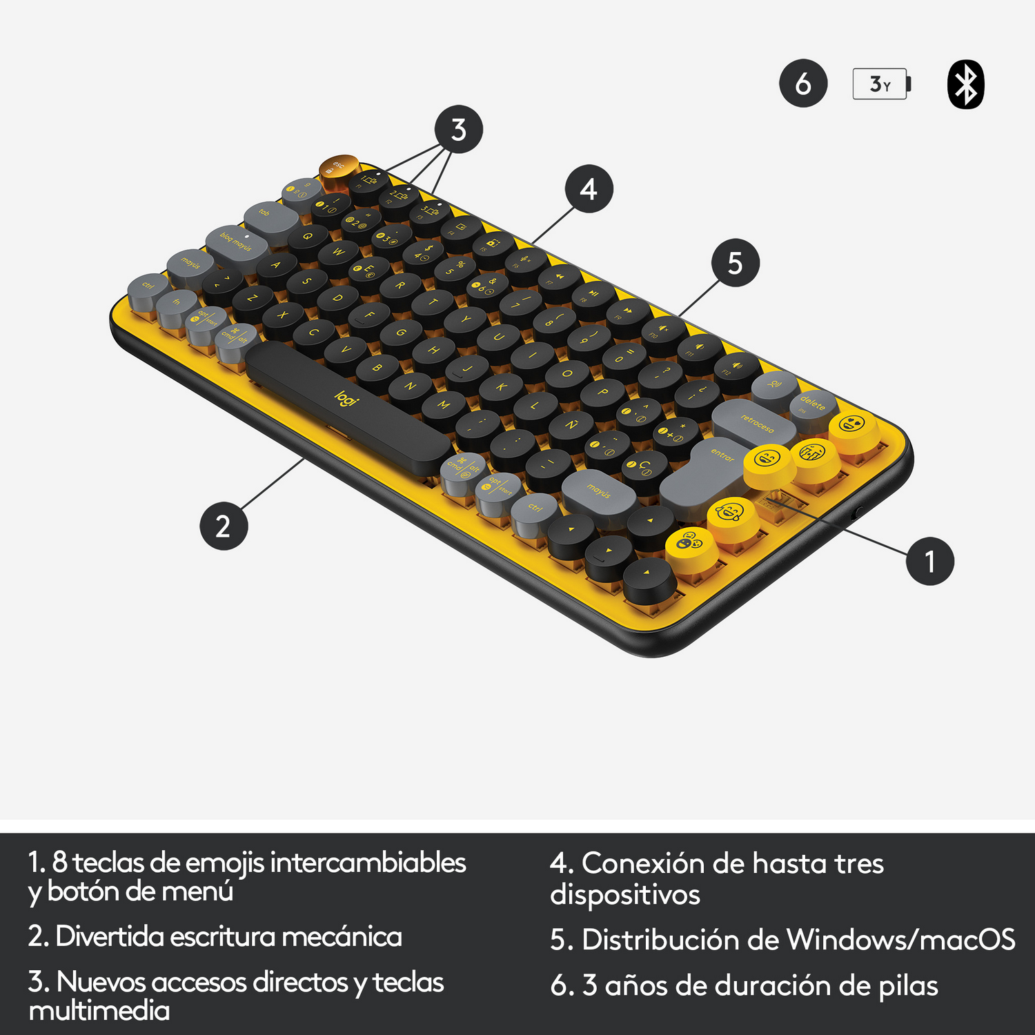 Un teclado amarillo y negro con teclas redondas y emoji, sobre fondo blanco.