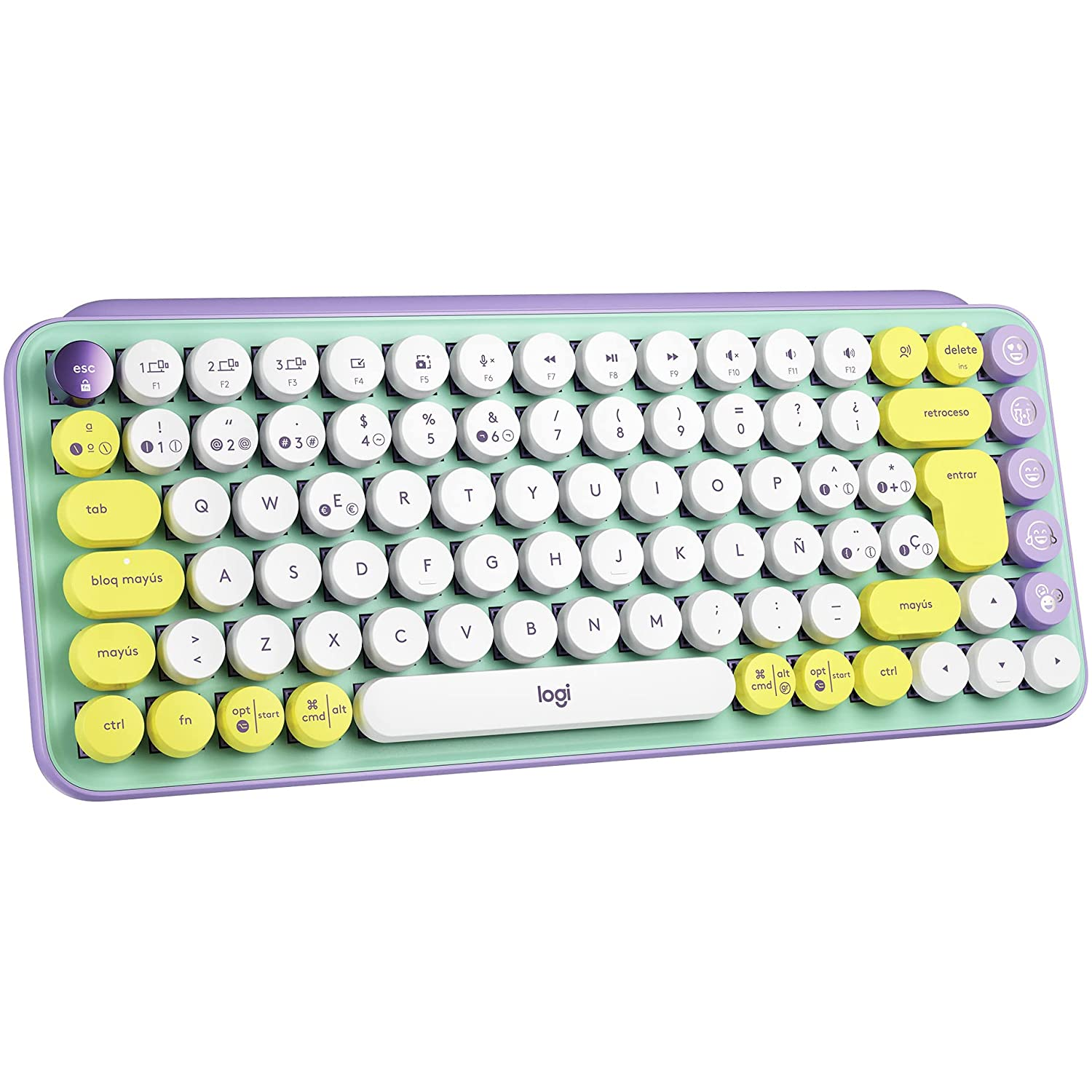 Un teclado colorido con teclas redondas. El fondo es verde menta y lavanda.