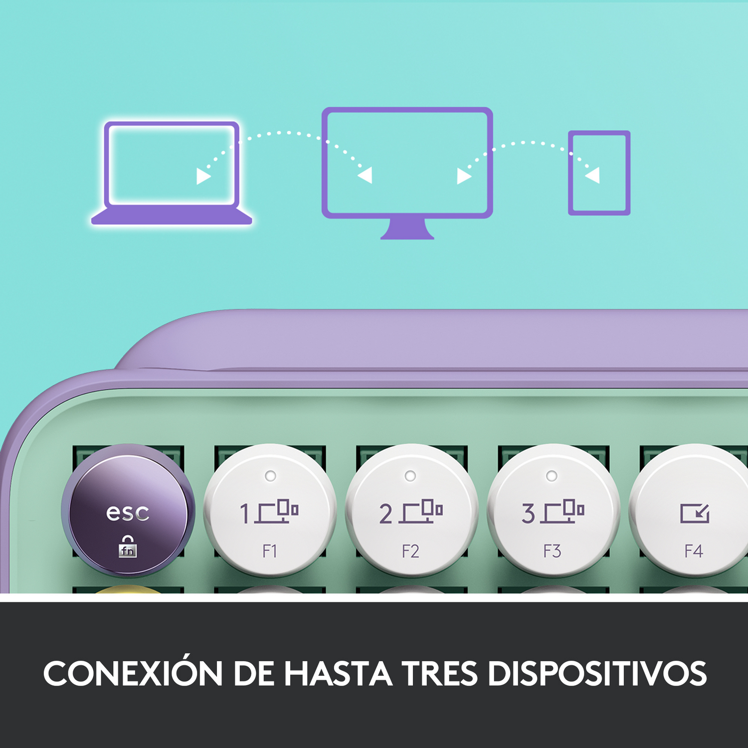 Teclado con teclas para conectar tres dispositivos.