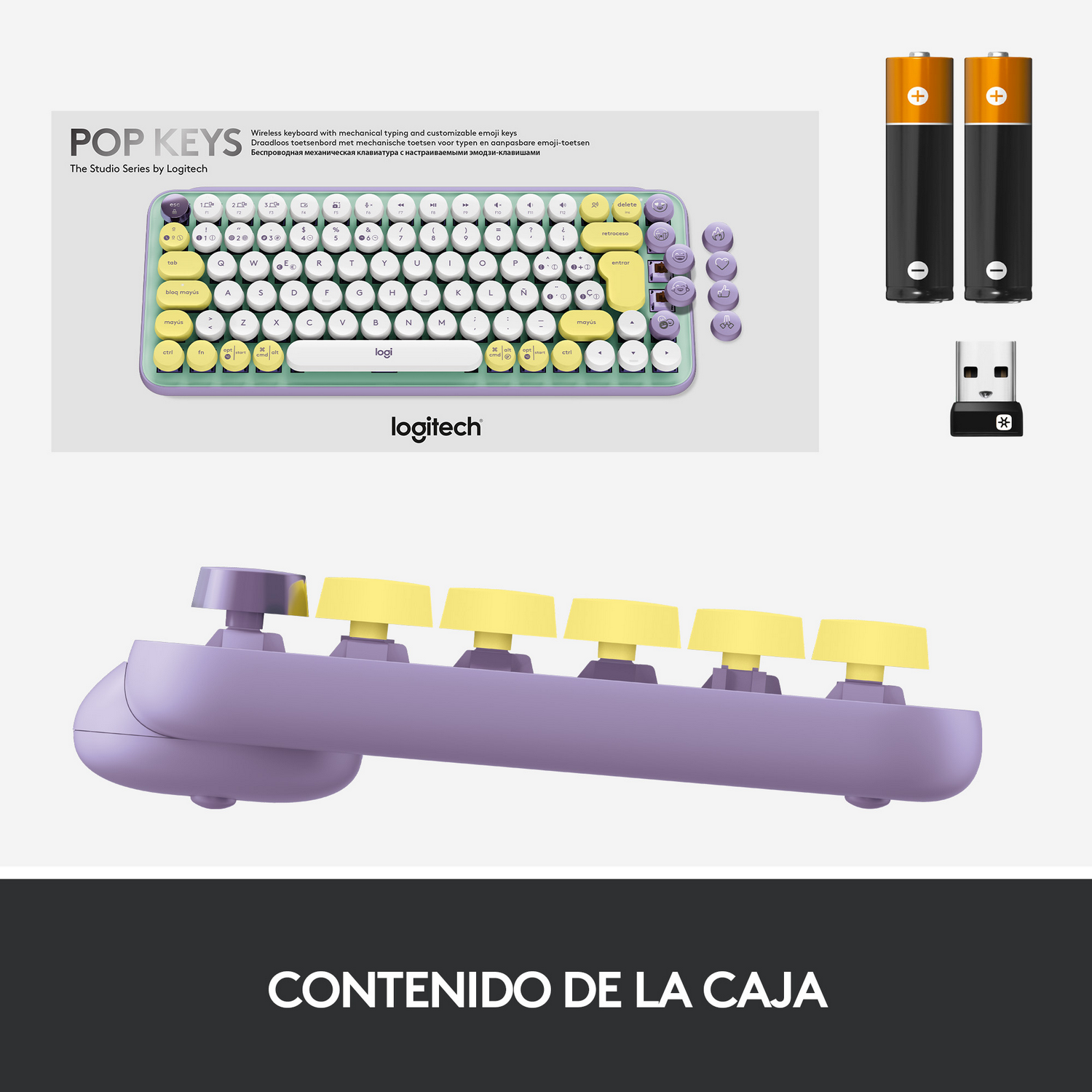 Un teclado y accesorios. El teclado es multicolor, también se incluyen dos pilas y un receptor USB.