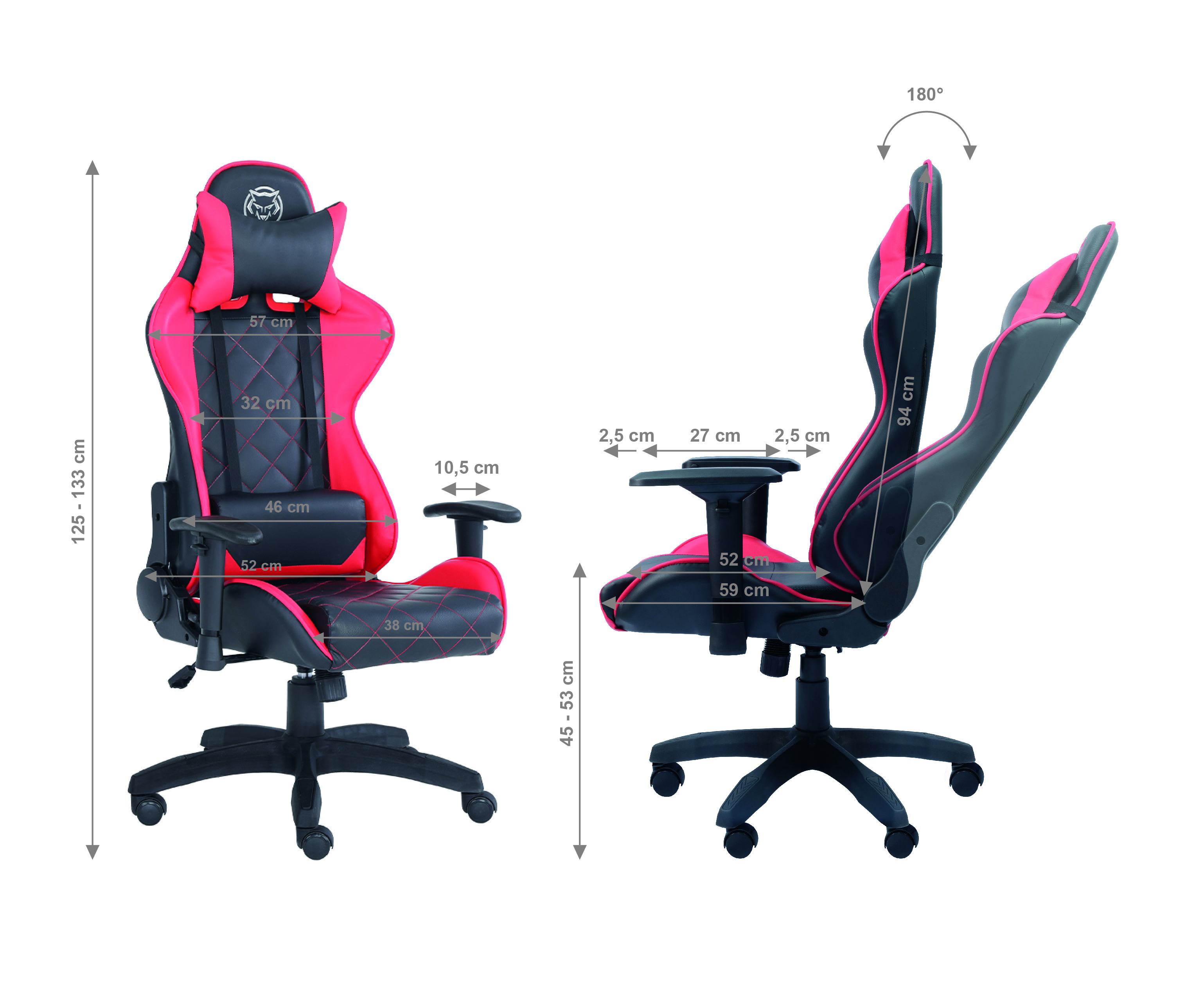 Gaming chair with pink accents and black details. It features a high back, armrests, and a five-wheel base.