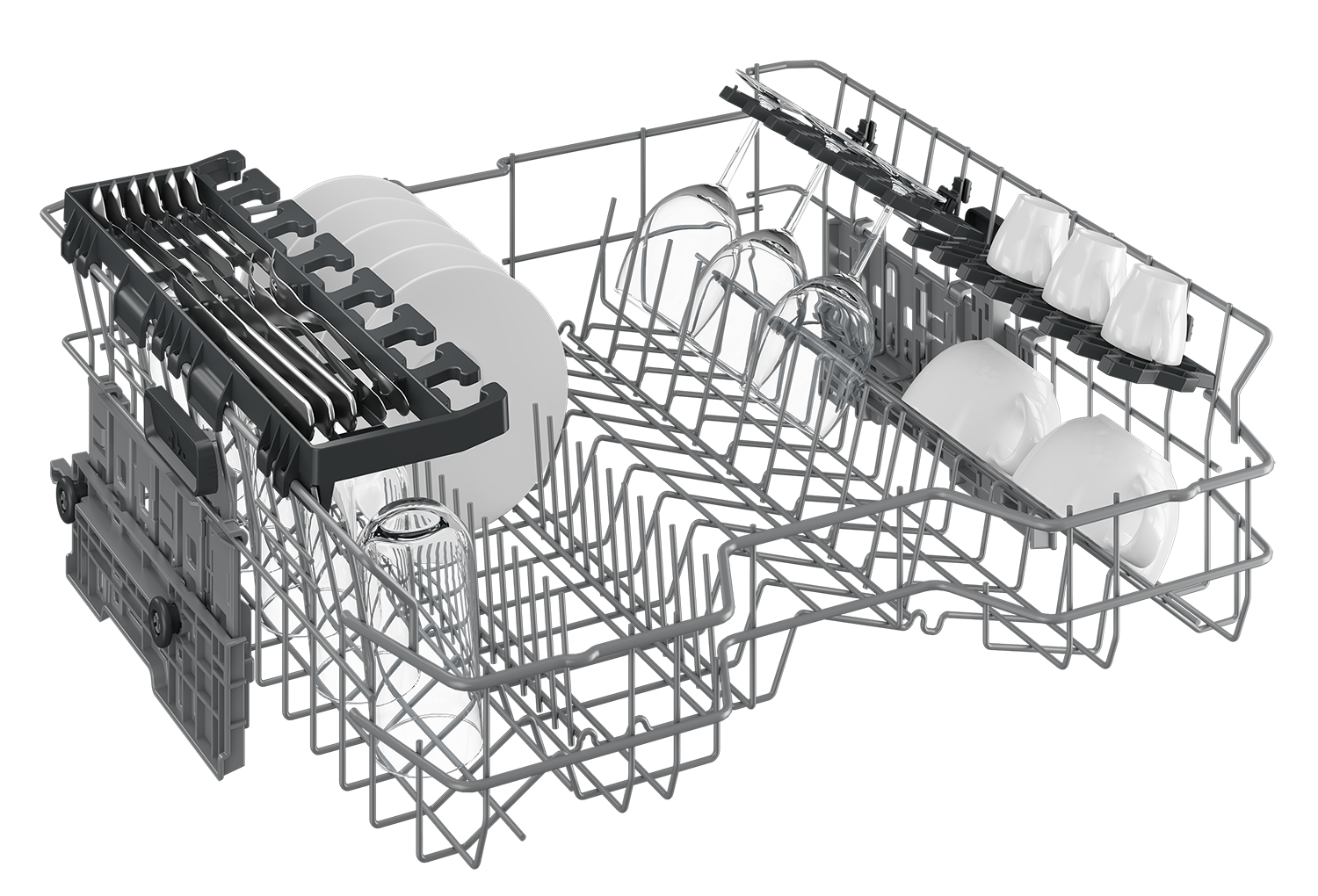 Dishwasher interior with dishes, glasses, and utensils.