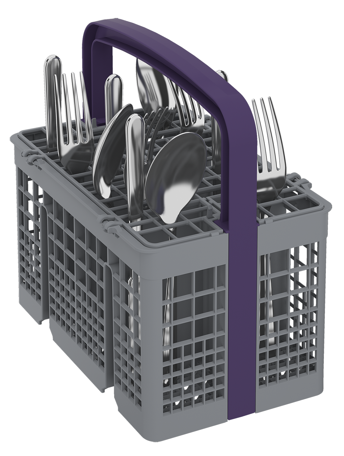 A dishwasher basket with silverware. It has forks, spoons, and knives.