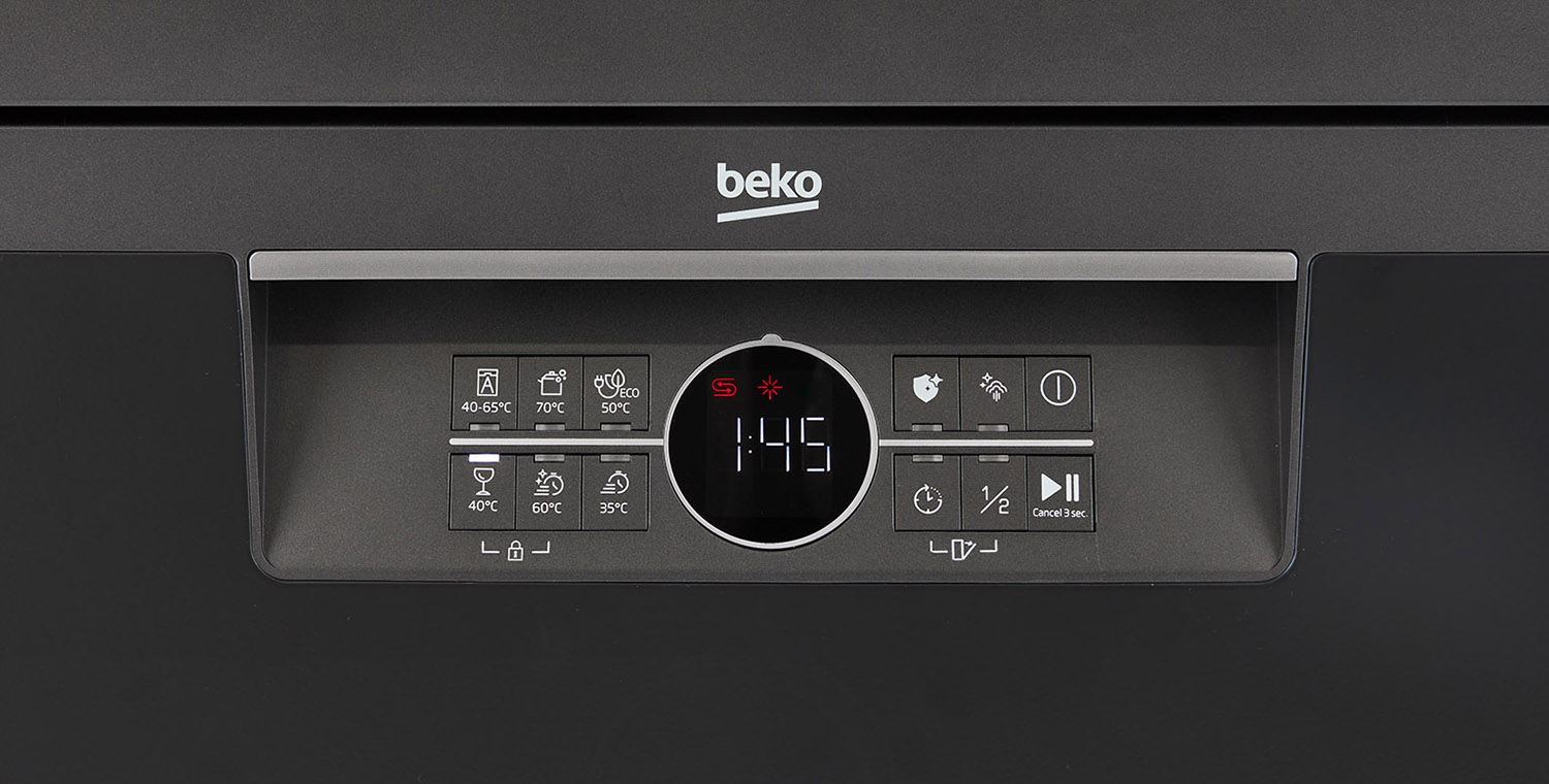 Close-up of a dishwasher control panel. It displays a timer and other settings.