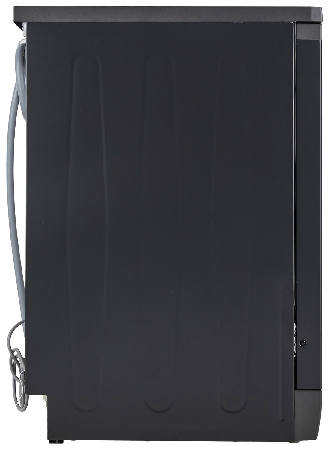 Side view of a black dishwasher, showing its side panel and power cord.