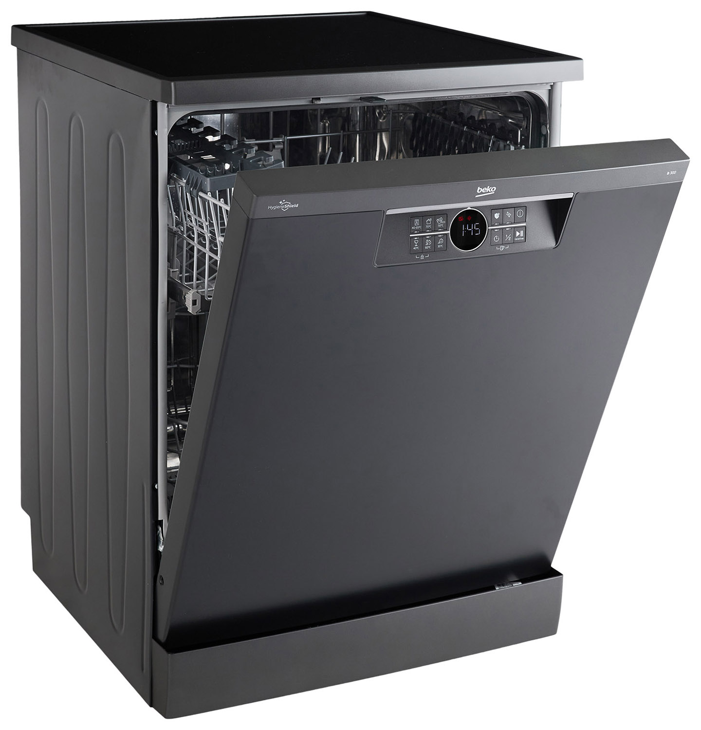 Black Beko dishwasher with open door, showing racks and control panel, time 1:45 displayed.